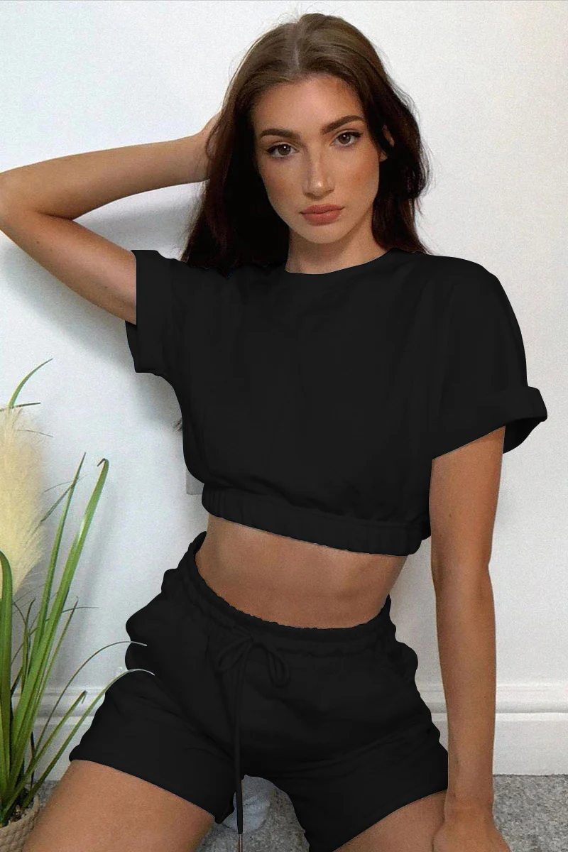 Short Sleeve Cropped Top and Drawstring Shorts Lounge Set - Image 3