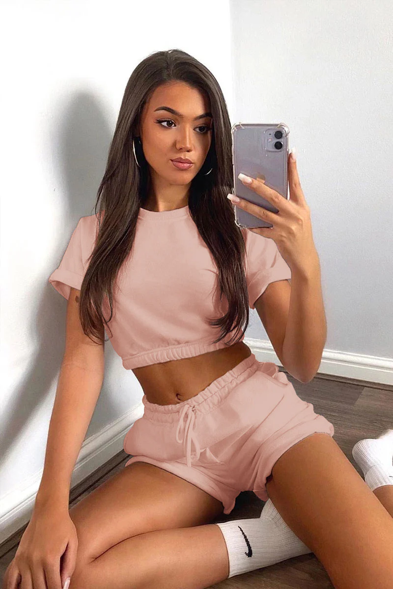 Short Sleeve Cropped Top and Drawstring Shorts Lounge Set - Image 8