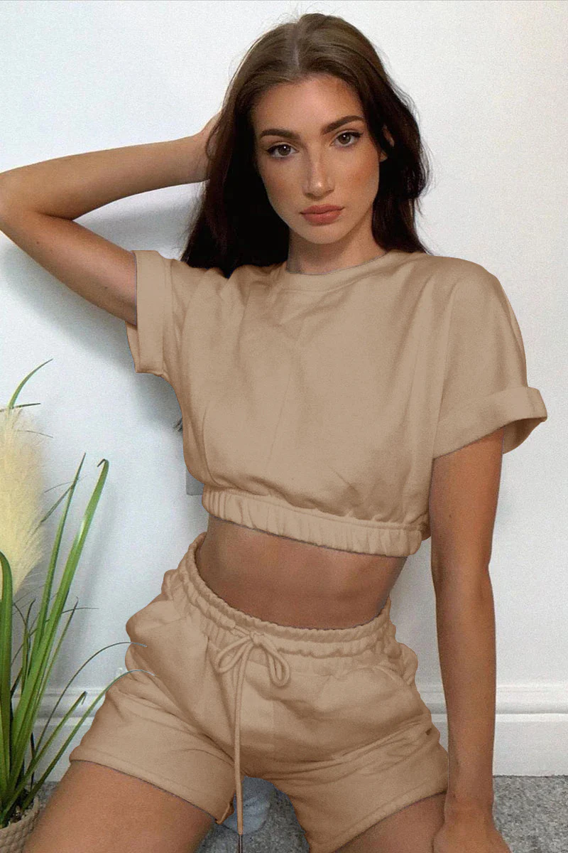Short Sleeve Cropped Top and Drawstring Shorts Lounge Set - Image 9