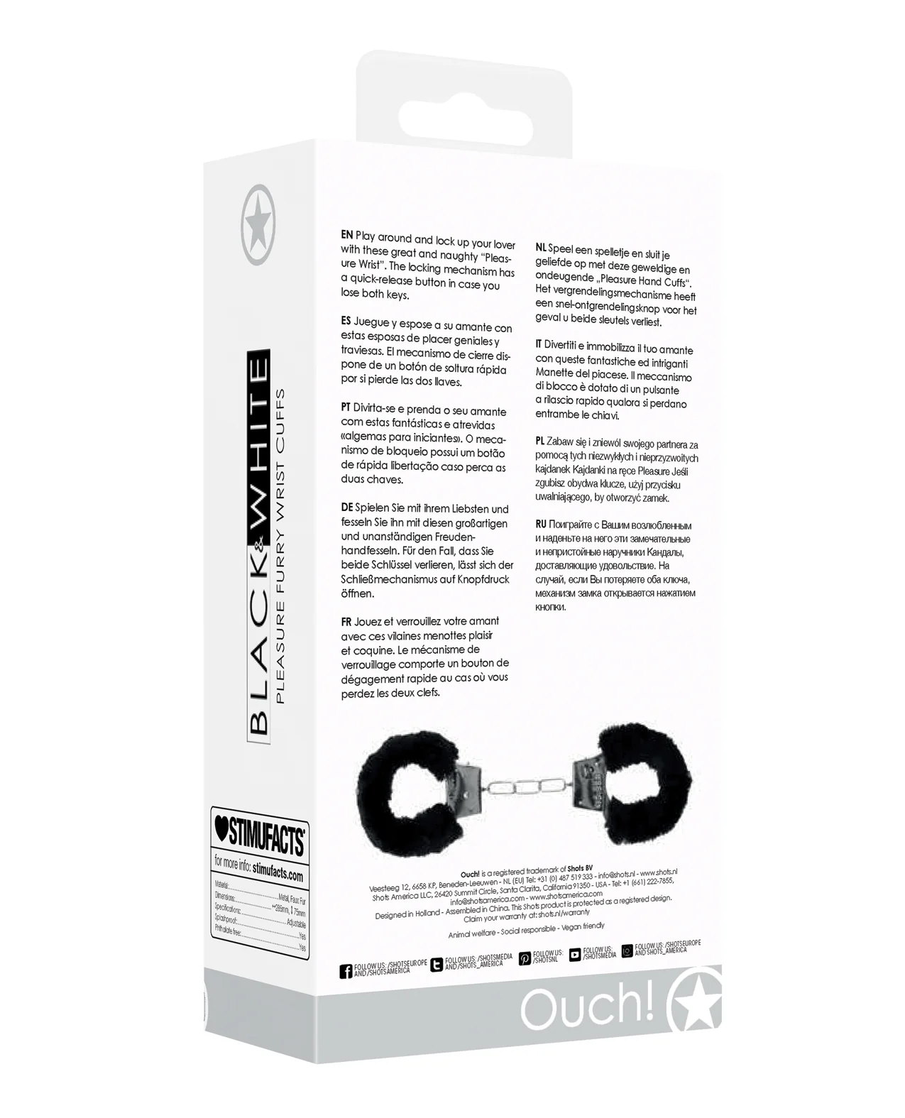 Shots Ouch Black & White Beginner's Furry Hand Cuffs - Black - Image 2