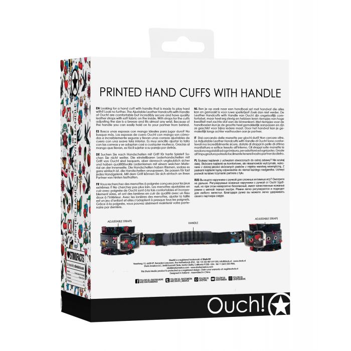 Shots Ouch Old School Tattoo Style Printed Handcuffs w/Handle- Black - Image 2