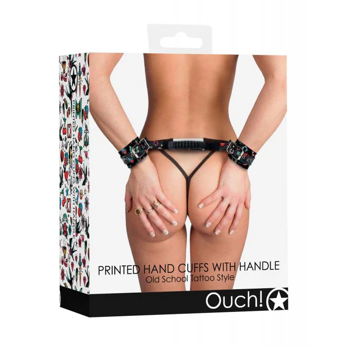Shots Ouch Old School Tattoo Style Printed Handcuffs w/Handle- Black - Image 3