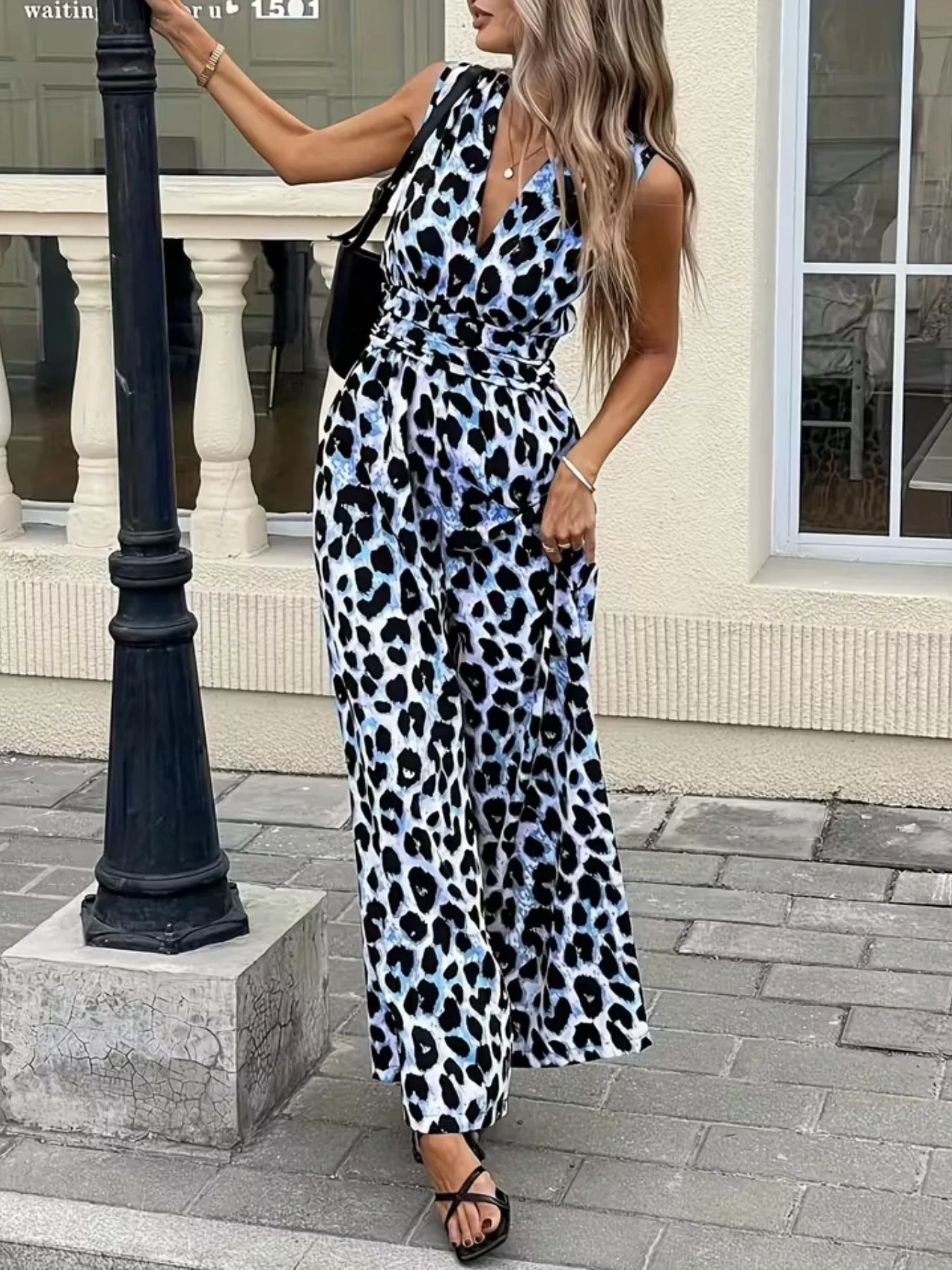 Sleeveless V-Neck Leopard Print Wide Leg Jumpsuit - Image 10