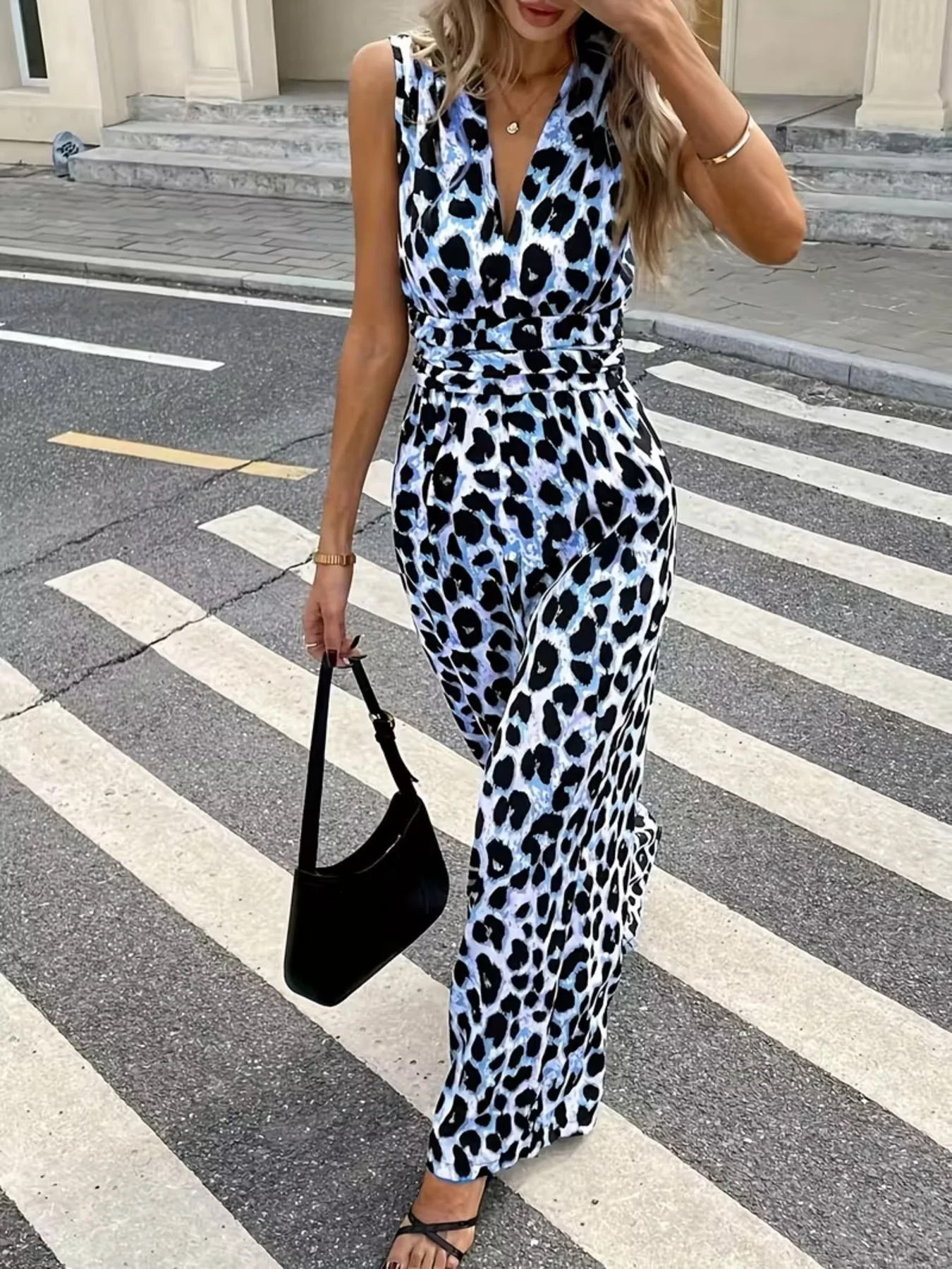Sleeveless V-Neck Leopard Print Wide Leg Jumpsuit - Image 12