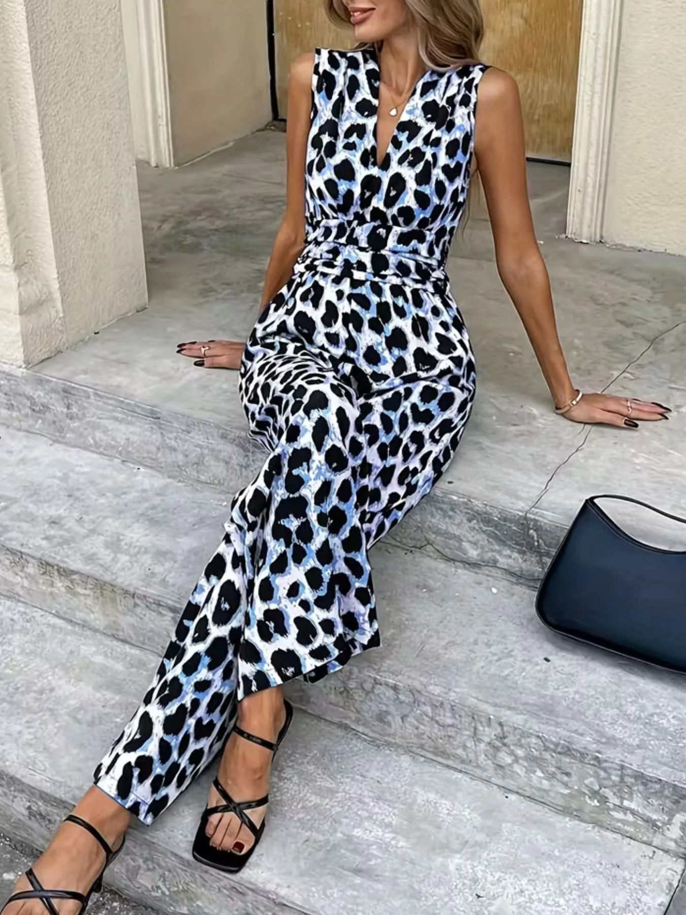 Sleeveless V-Neck Leopard Print Wide Leg Jumpsuit - Image 13