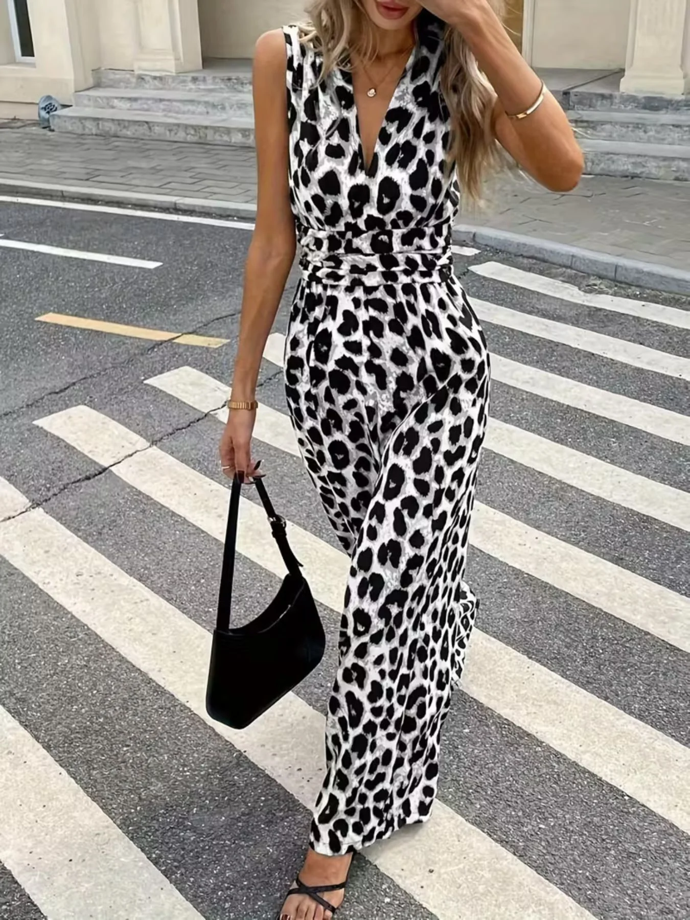 Sleeveless V-Neck Leopard Print Wide Leg Jumpsuit - Image 15