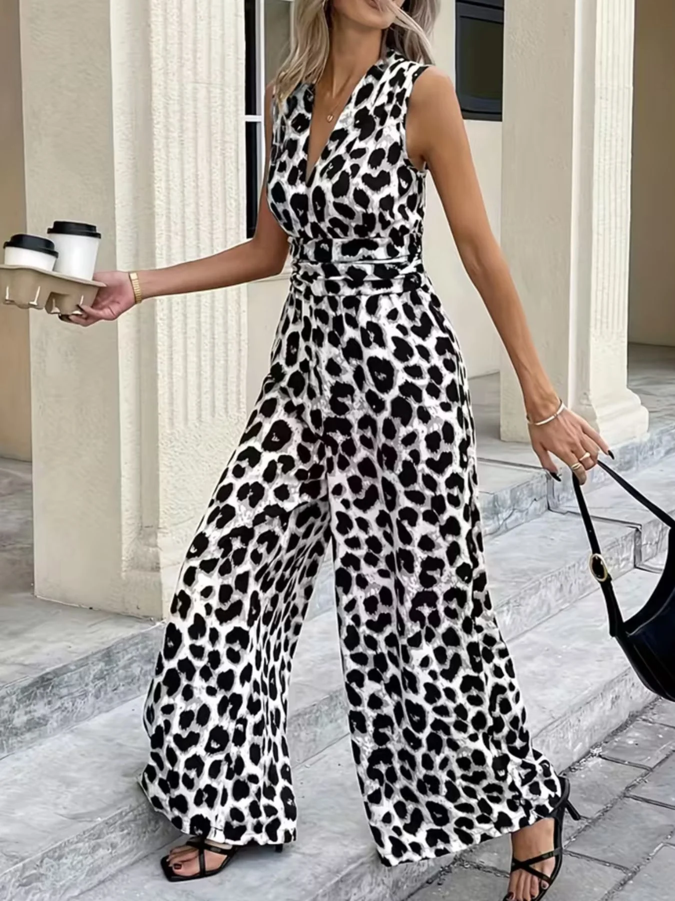 Sleeveless V-Neck Leopard Print Wide Leg Jumpsuit - Image 16