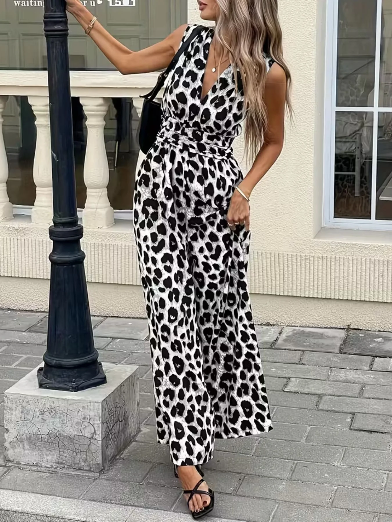 Sleeveless V-Neck Leopard Print Wide Leg Jumpsuit - Image 17