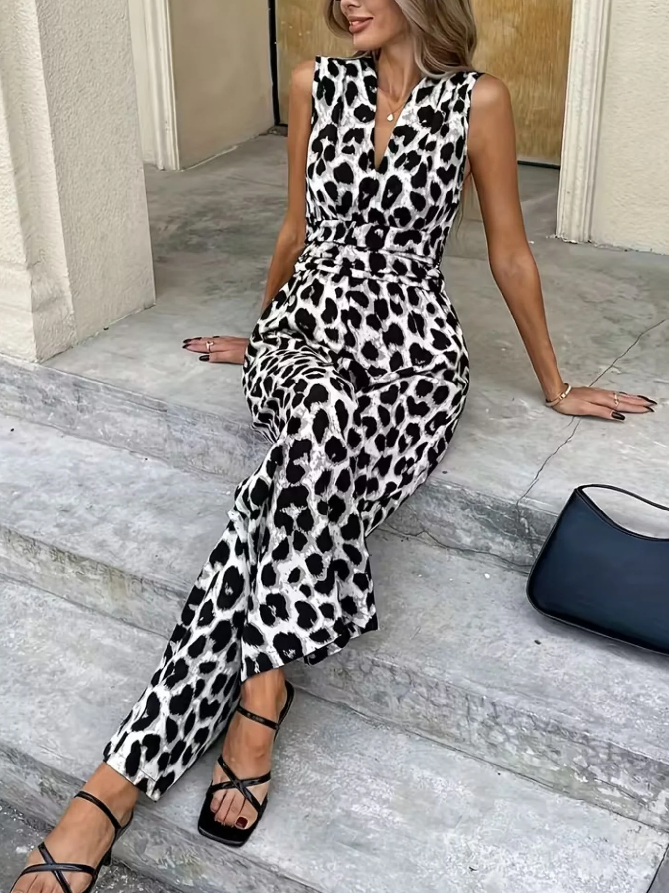 Sleeveless V-Neck Leopard Print Wide Leg Jumpsuit - Image 18
