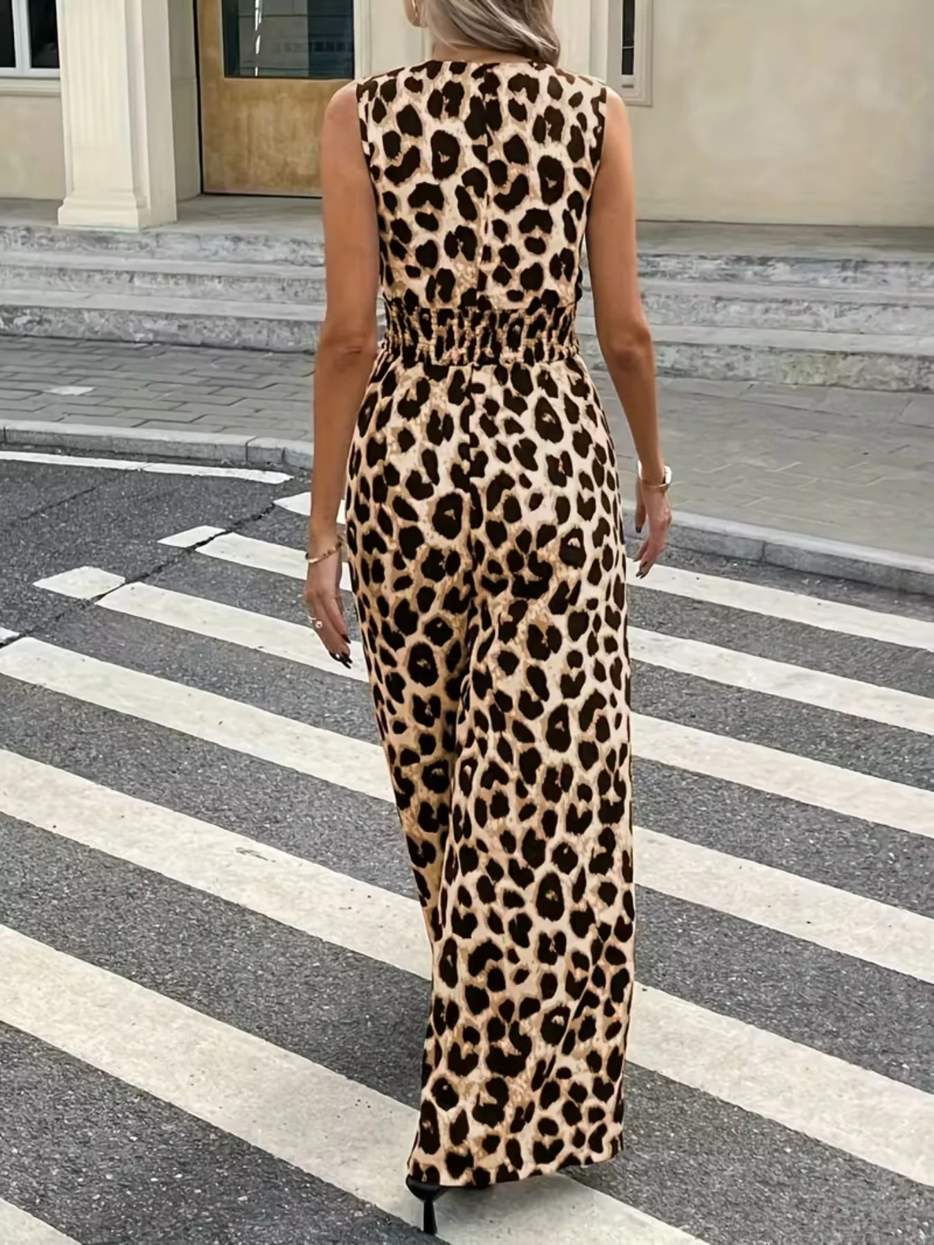 Sleeveless V-Neck Leopard Print Wide Leg Jumpsuit - Image 3