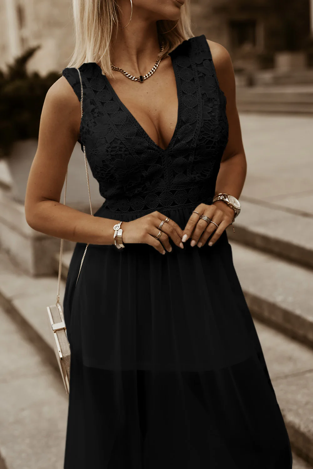Slit Lace Detail V-Neck Dress - Image 10
