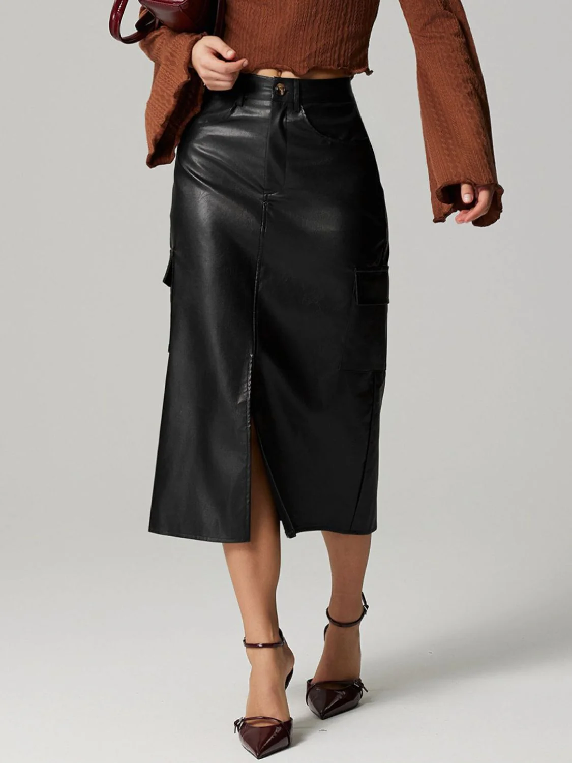 Slit Midi Skirt with Pockets - Image 5