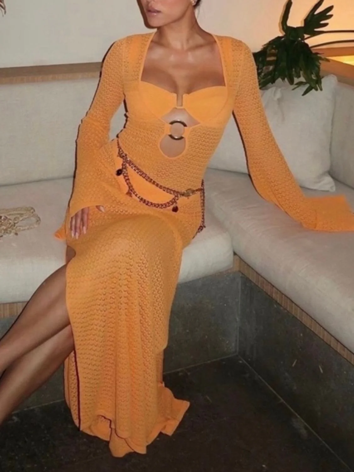 Slit Plunge Flare Sleeve Cover-Up Dress - Image 2