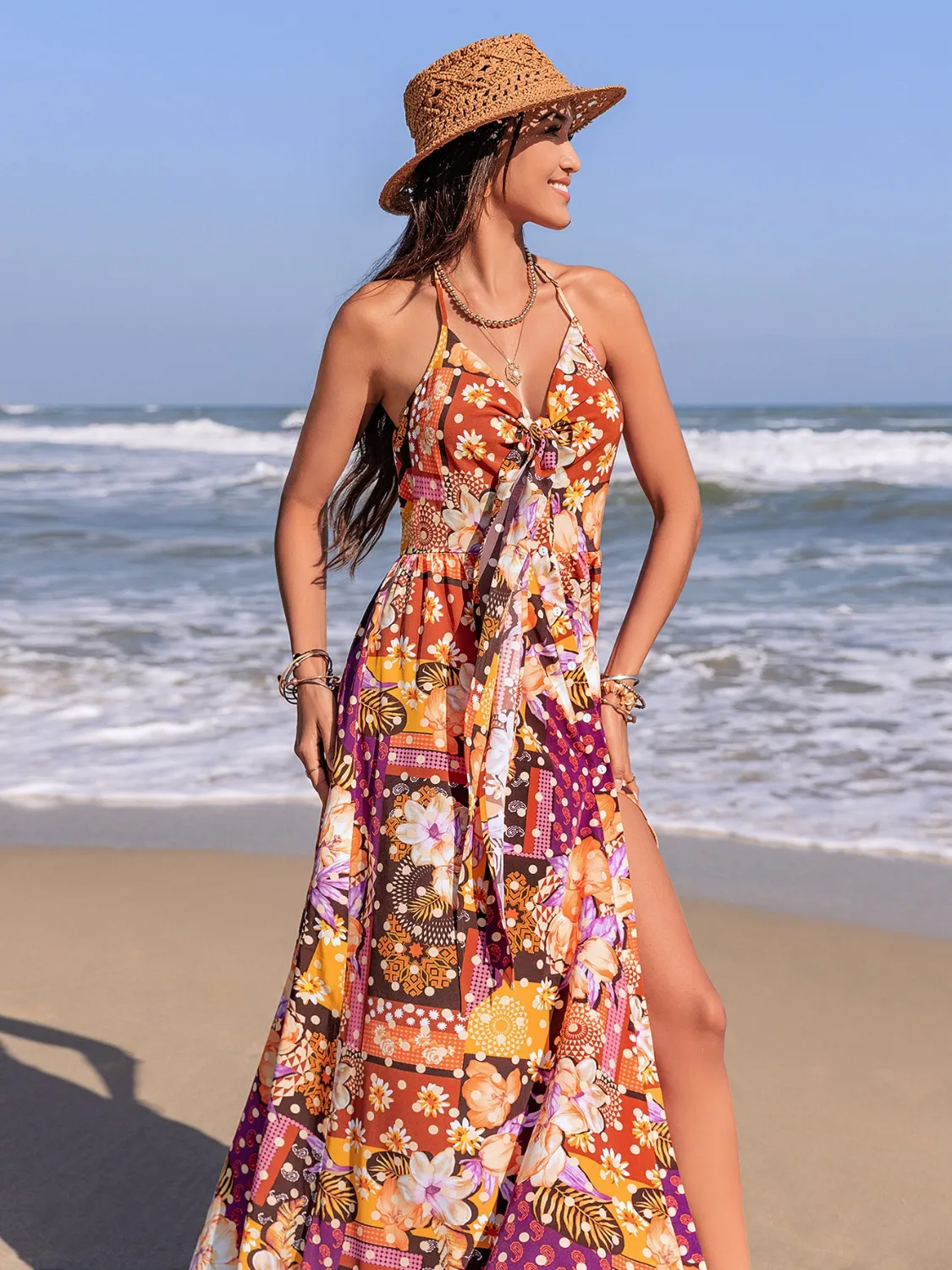 Slit Printed Halter Neck Cami Dress - Image 4