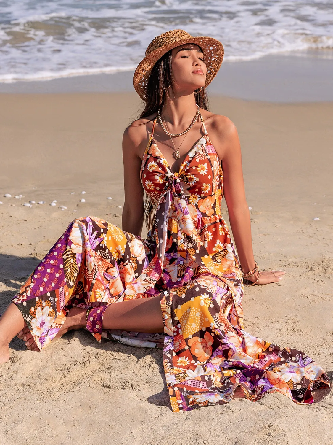 Slit Printed Halter Neck Cami Dress - Image 5