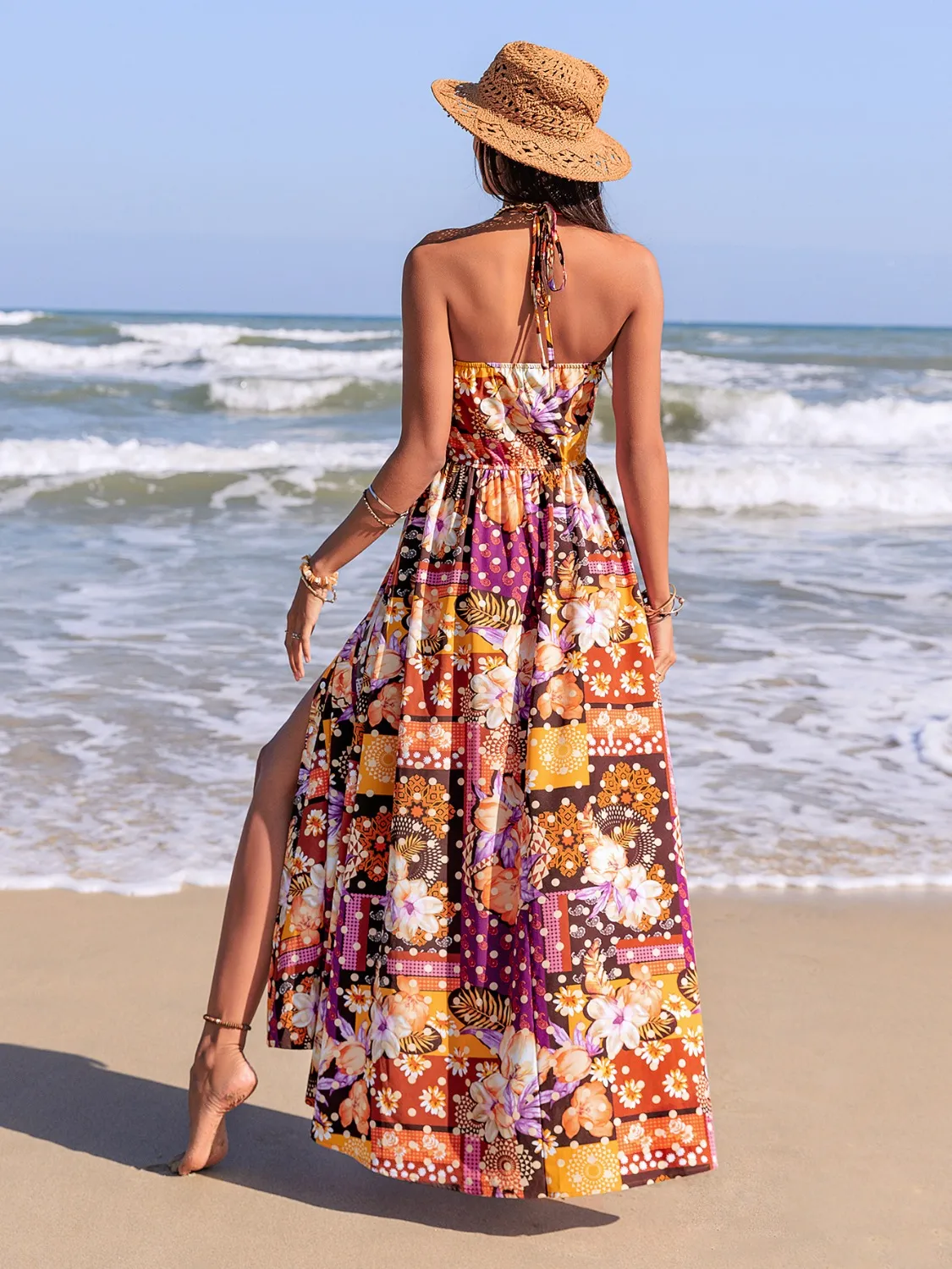 Slit Printed Halter Neck Cami Dress - Image 7