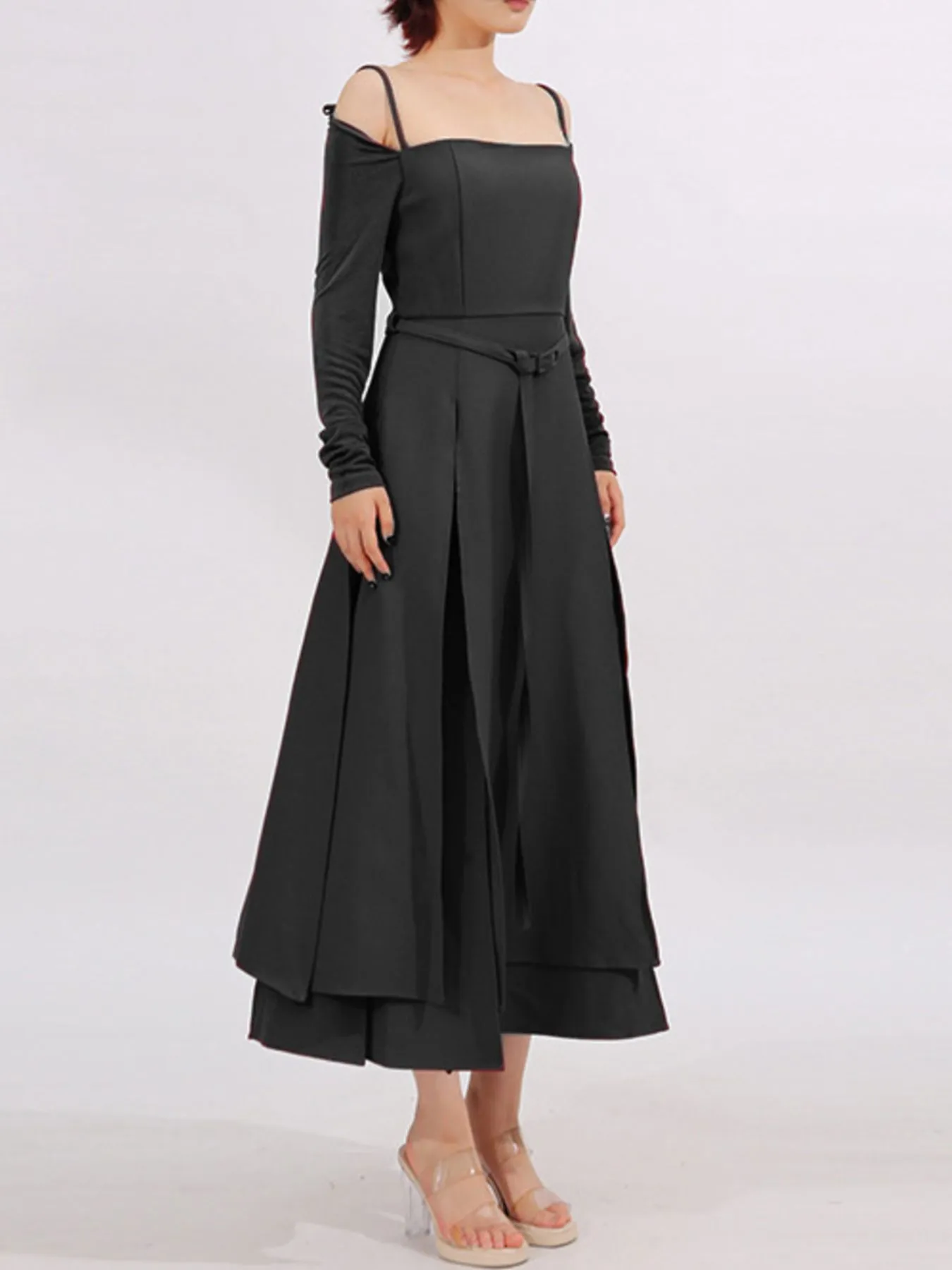 Slit Spaghetti Strap Long Sleeve Dress - Image 11