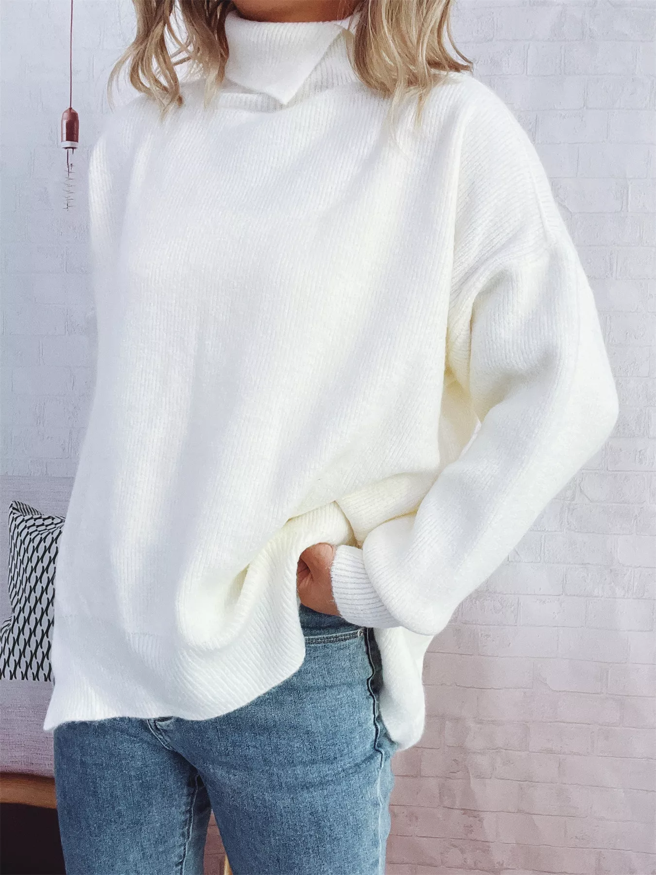 Slit Turtleneck Long Sleeve Sweater - Image 2