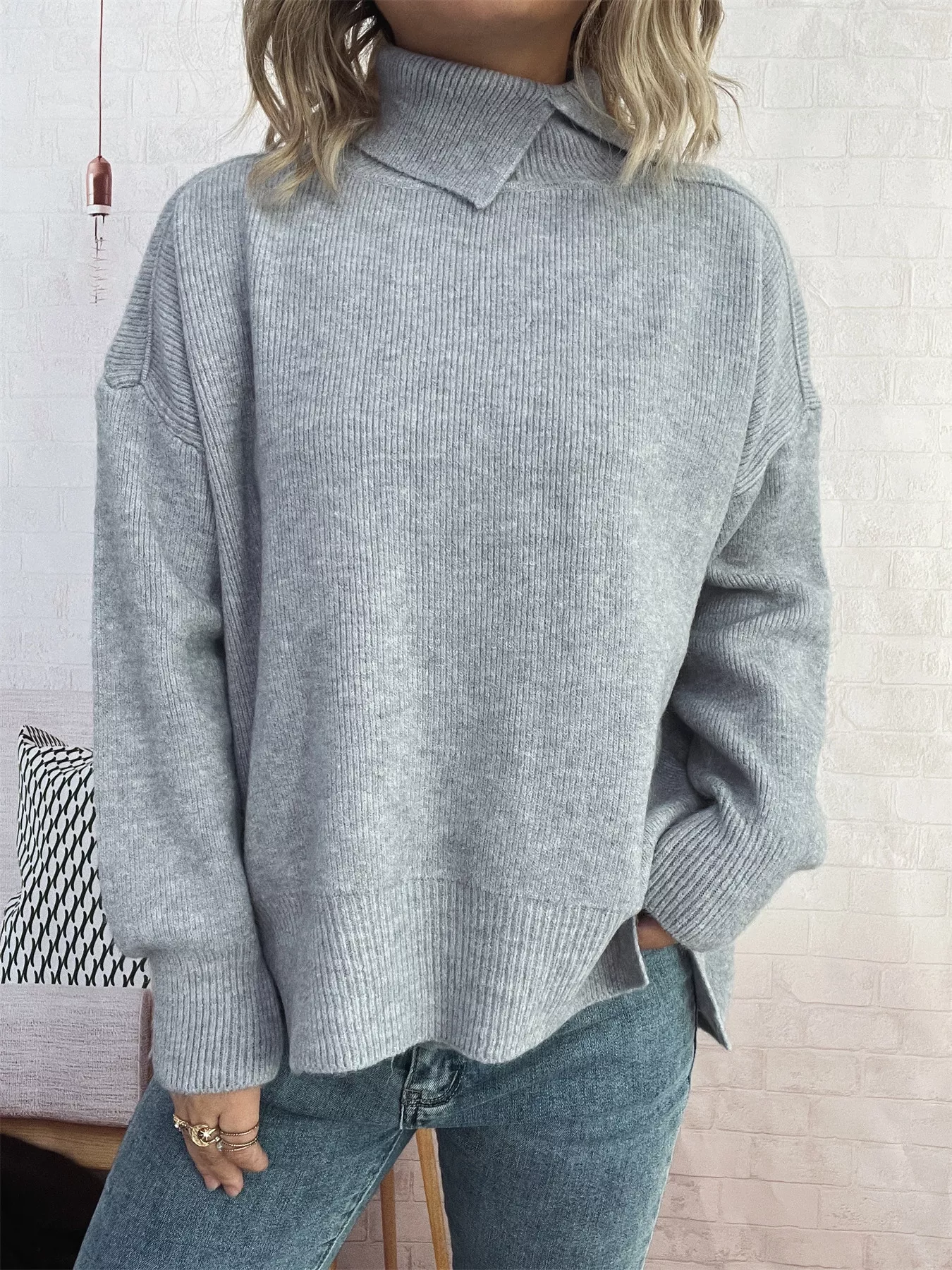 Slit Turtleneck Long Sleeve Sweater - Image 28