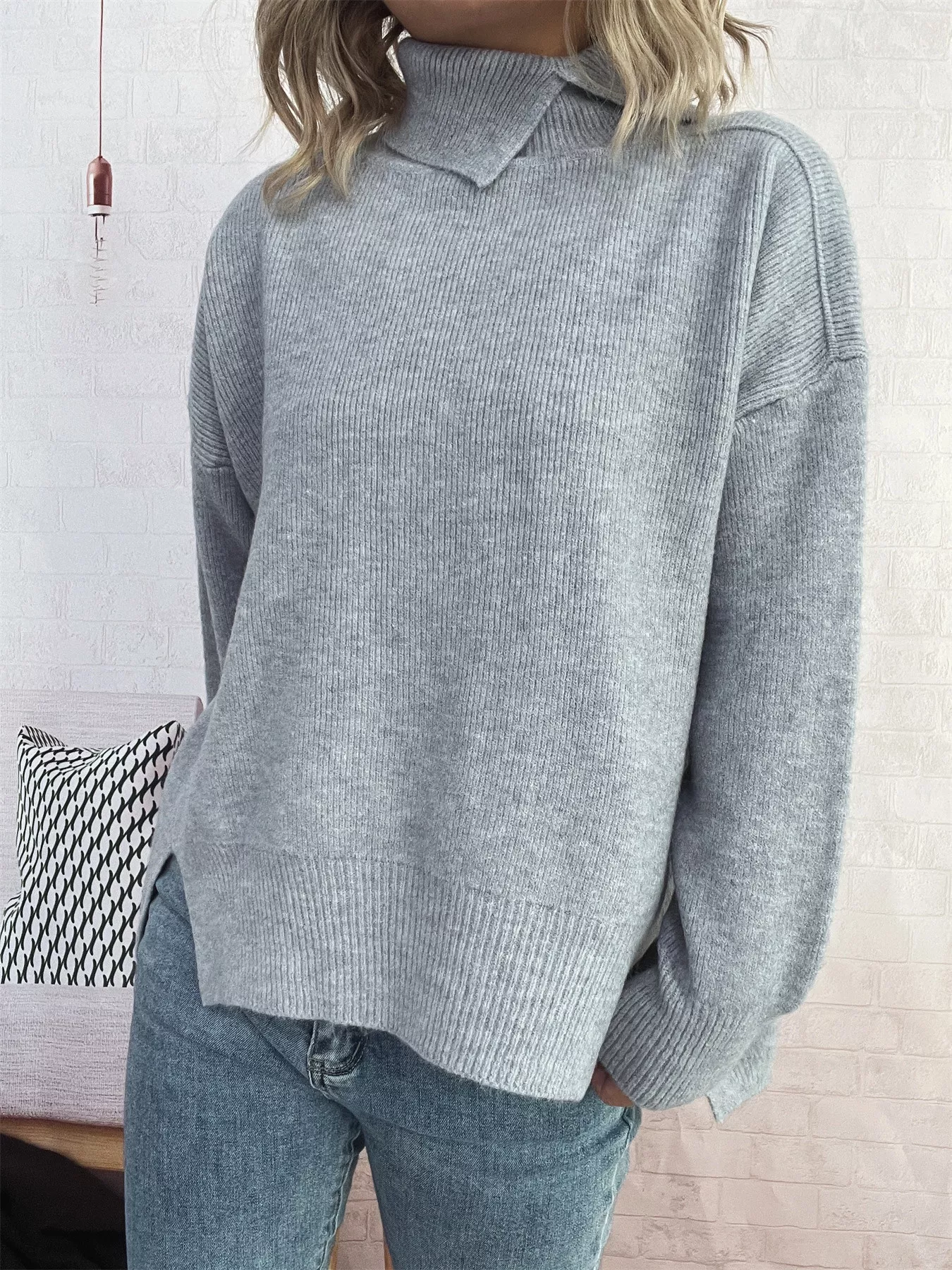 Slit Turtleneck Long Sleeve Sweater - Image 29