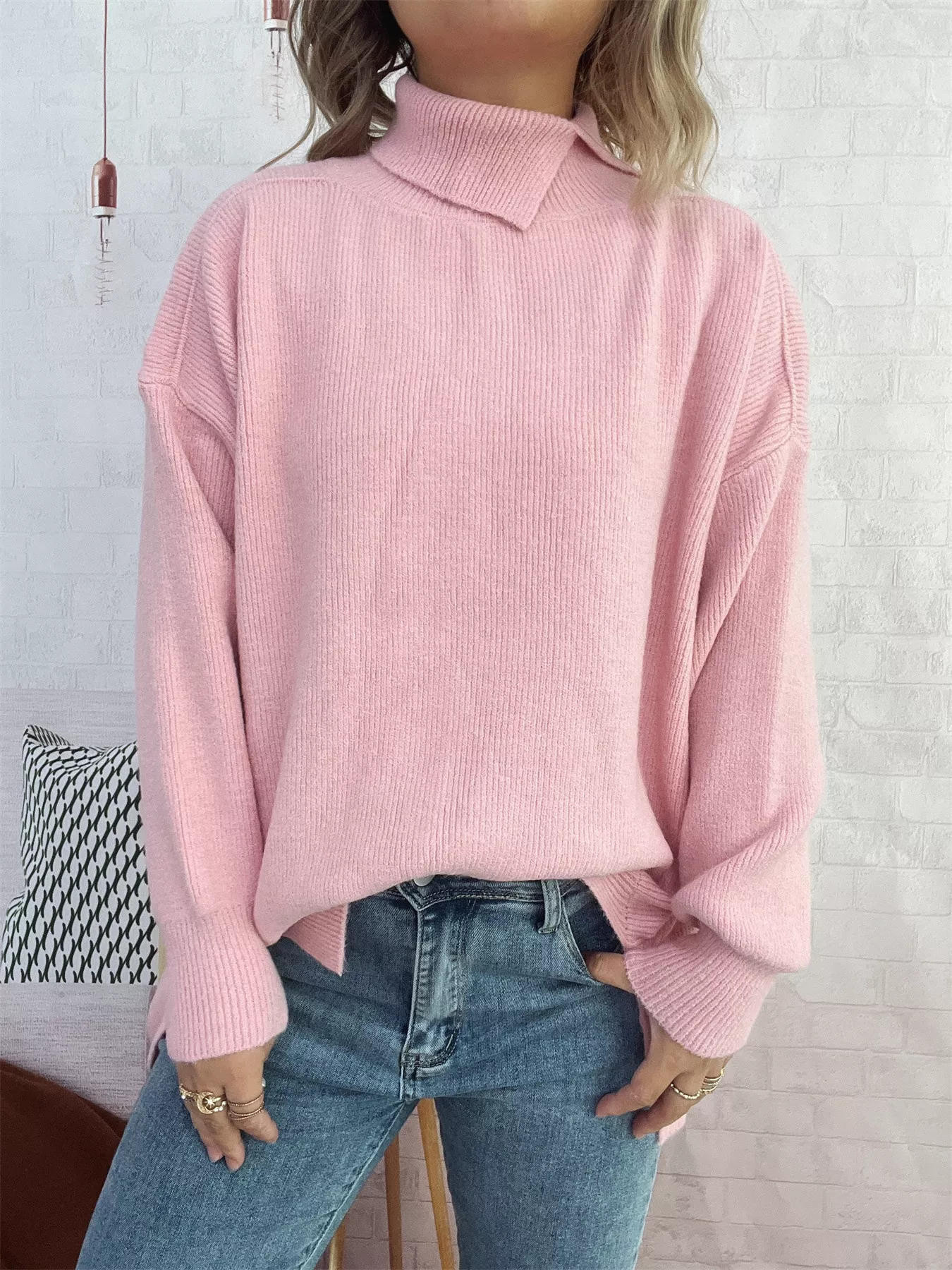 Slit Turtleneck Long Sleeve Sweater - Image 6