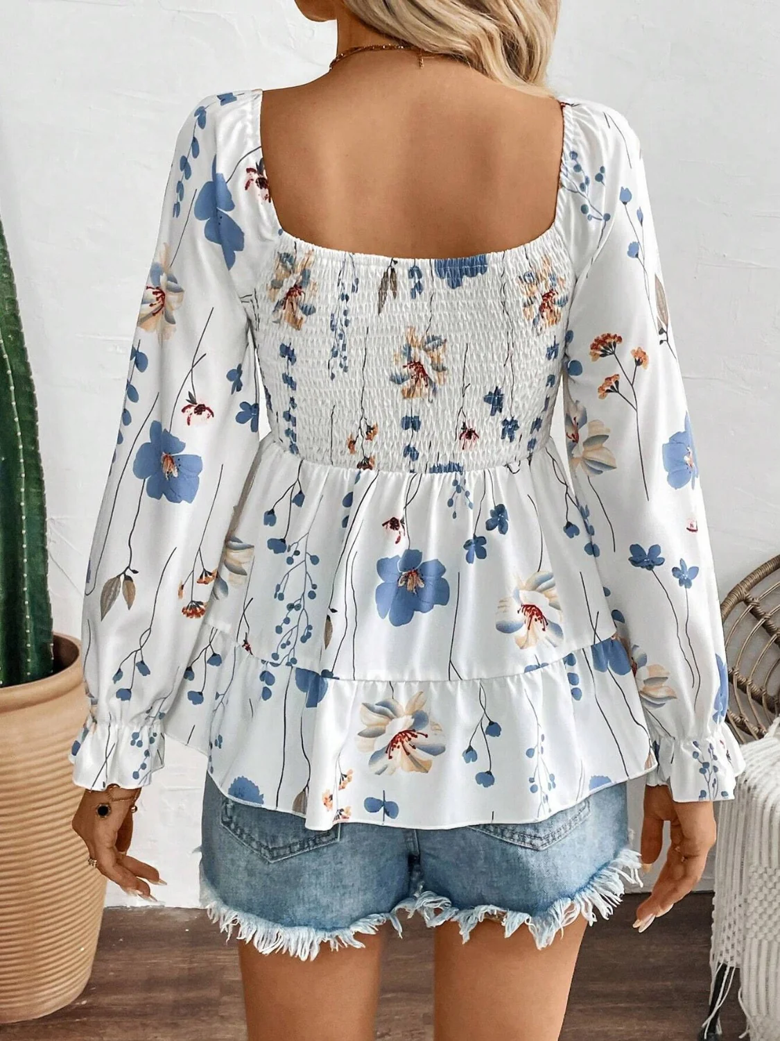 Smocked Floral Scoop Neck Flounce Sleeve Blouse - Image 2