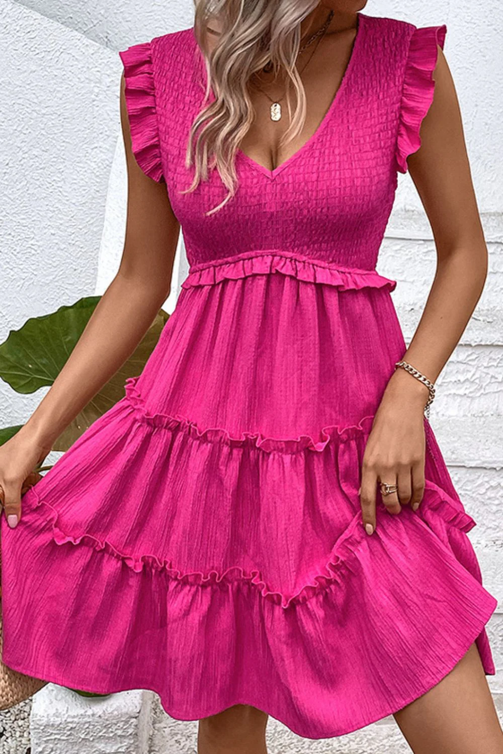 Smocked Frill Trim Deep V Dress - Image 3