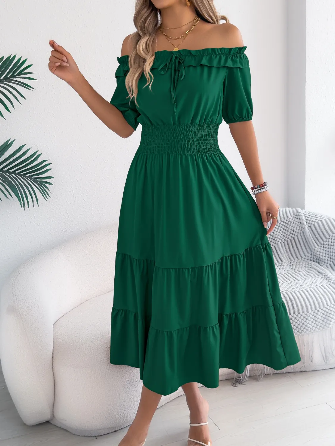 Smocked Off-Shoulder Tiered Dress - Image 7