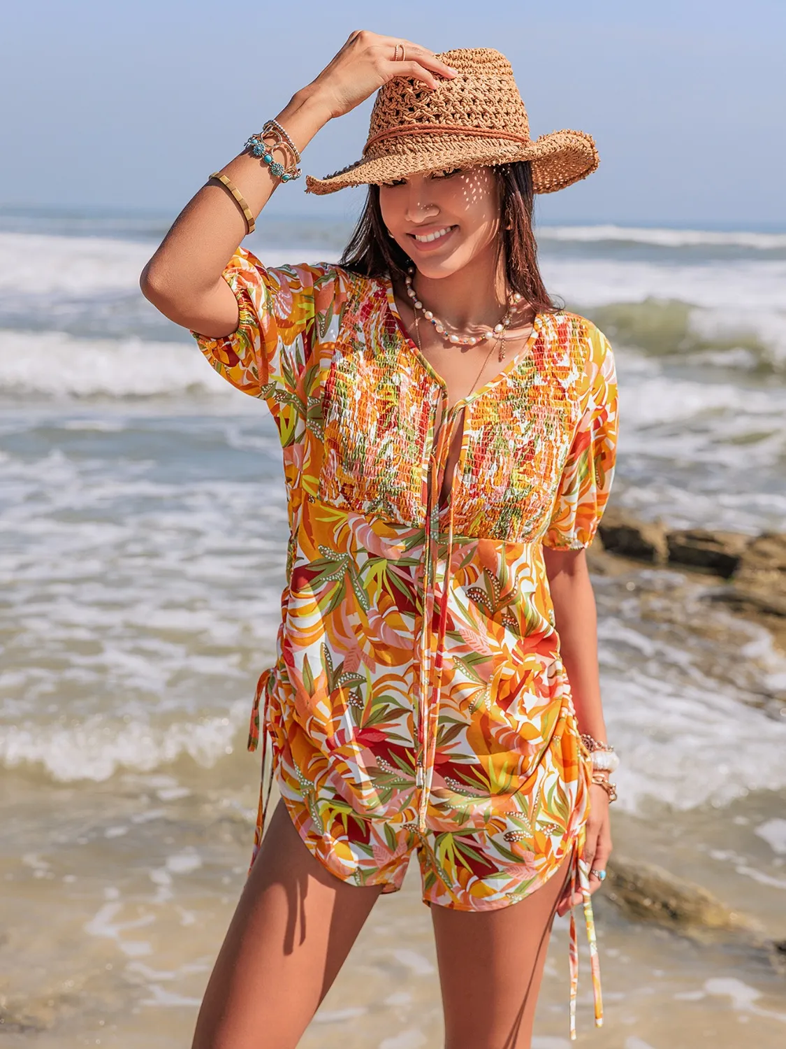 Smocked Printed Tie Neck Romper - Image 3