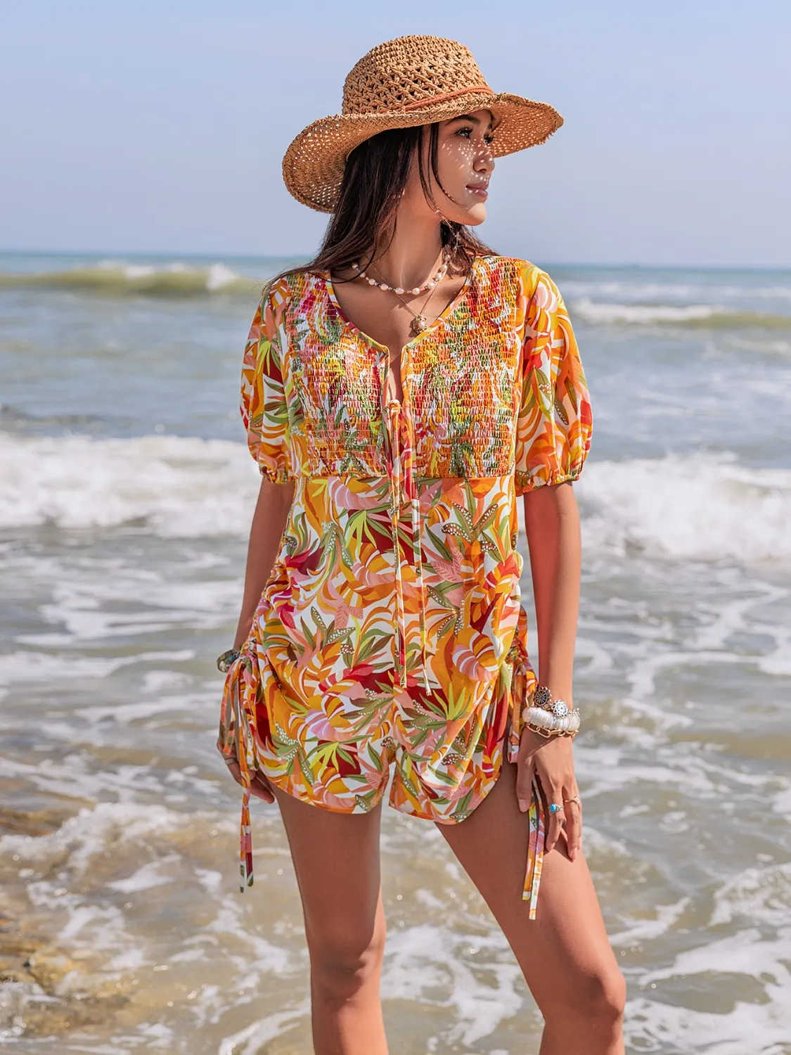 Smocked Printed Tie Neck Romper - Image 5