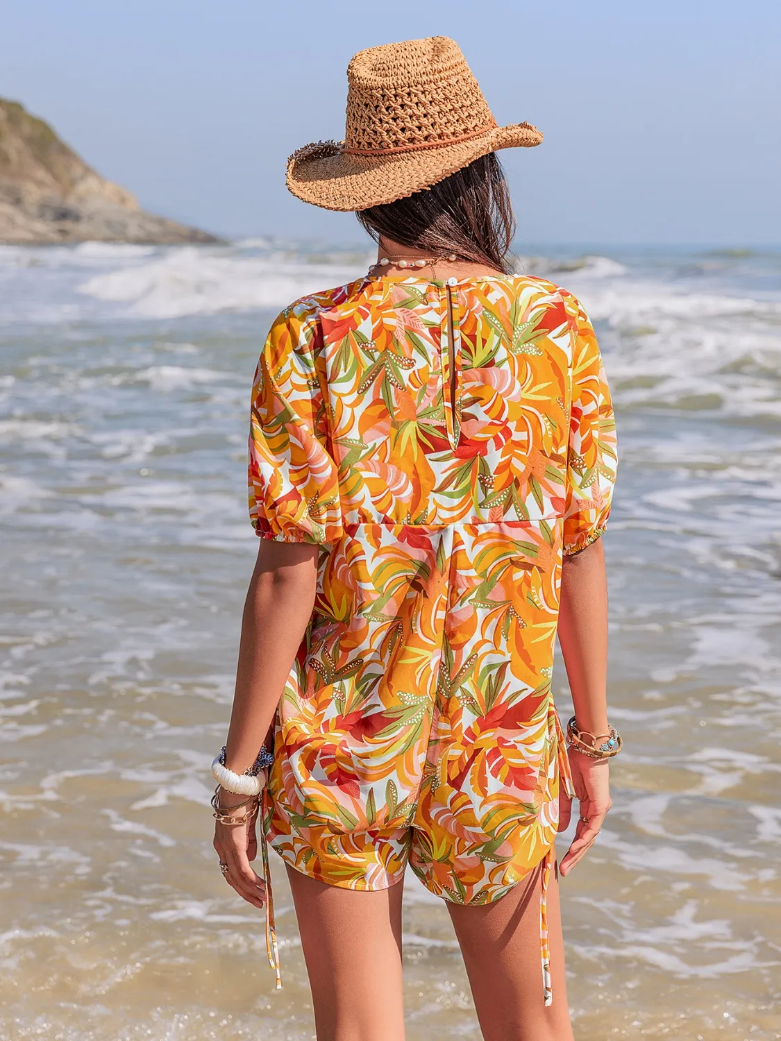 Smocked Printed Tie Neck Romper - Image 7