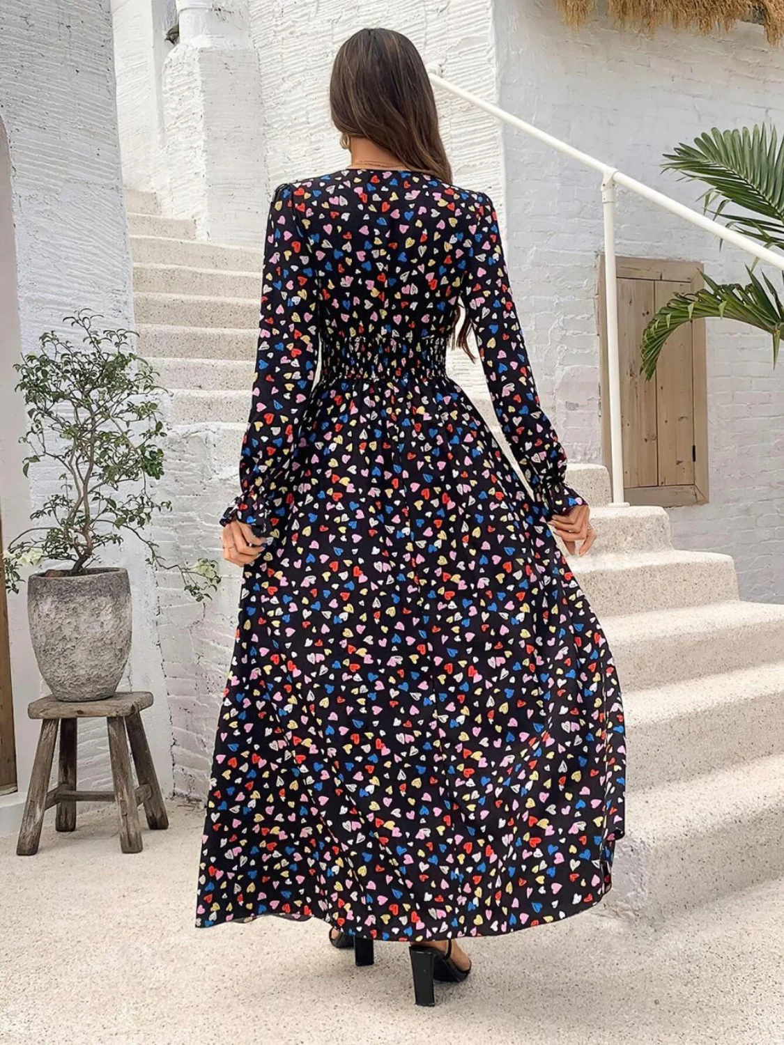 Smocked Printed V-Neck Flounce Sleeve Dress - Image 10