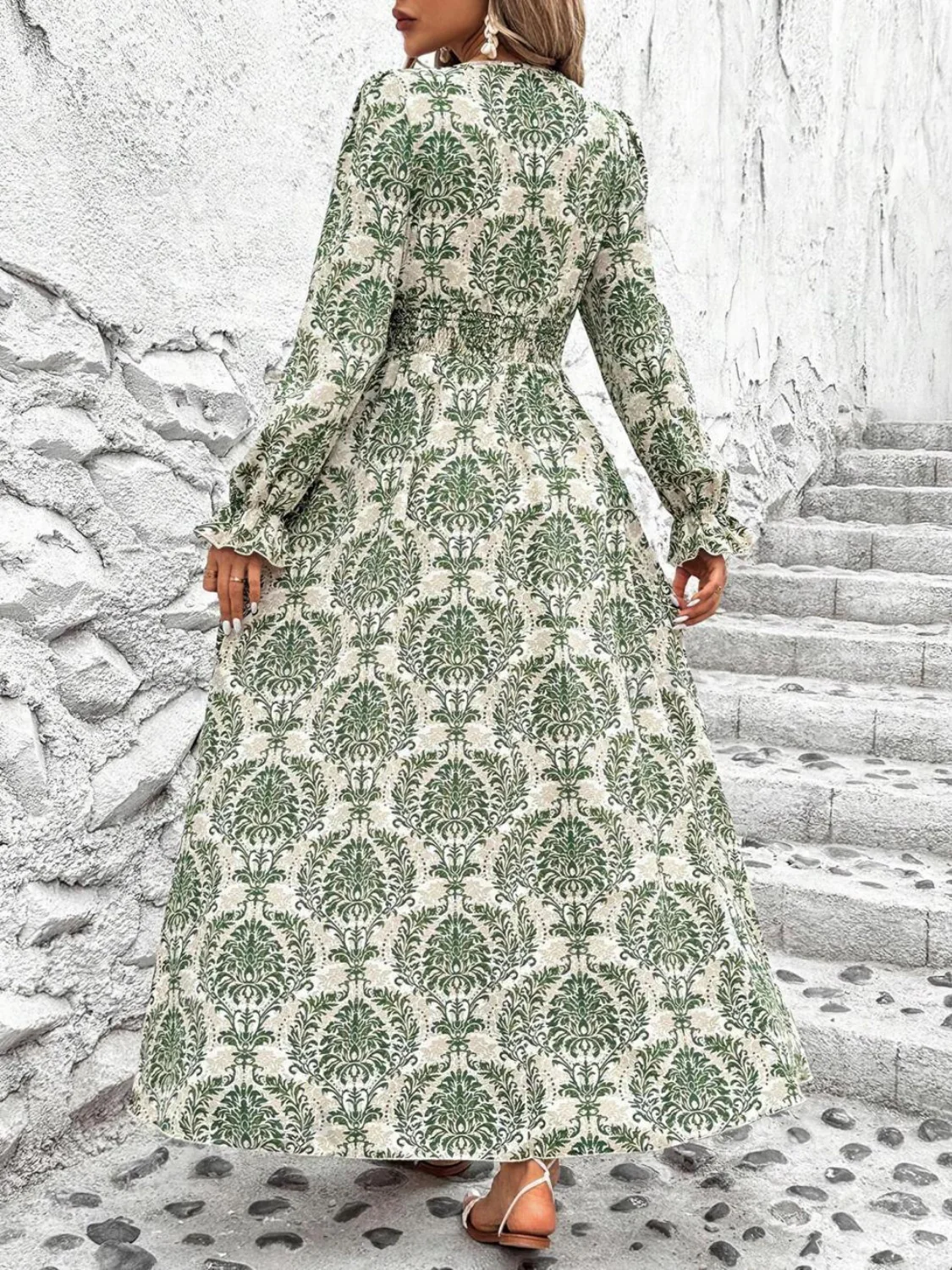 Smocked Printed V-Neck Flounce Sleeve Dress - Image 7
