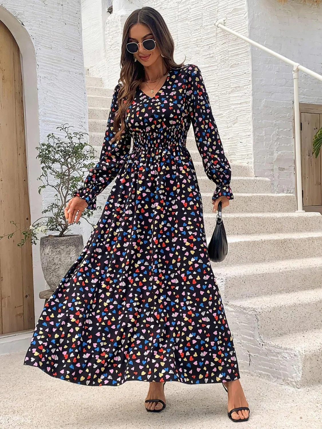 Smocked Printed V-Neck Flounce Sleeve Dress - Image 9