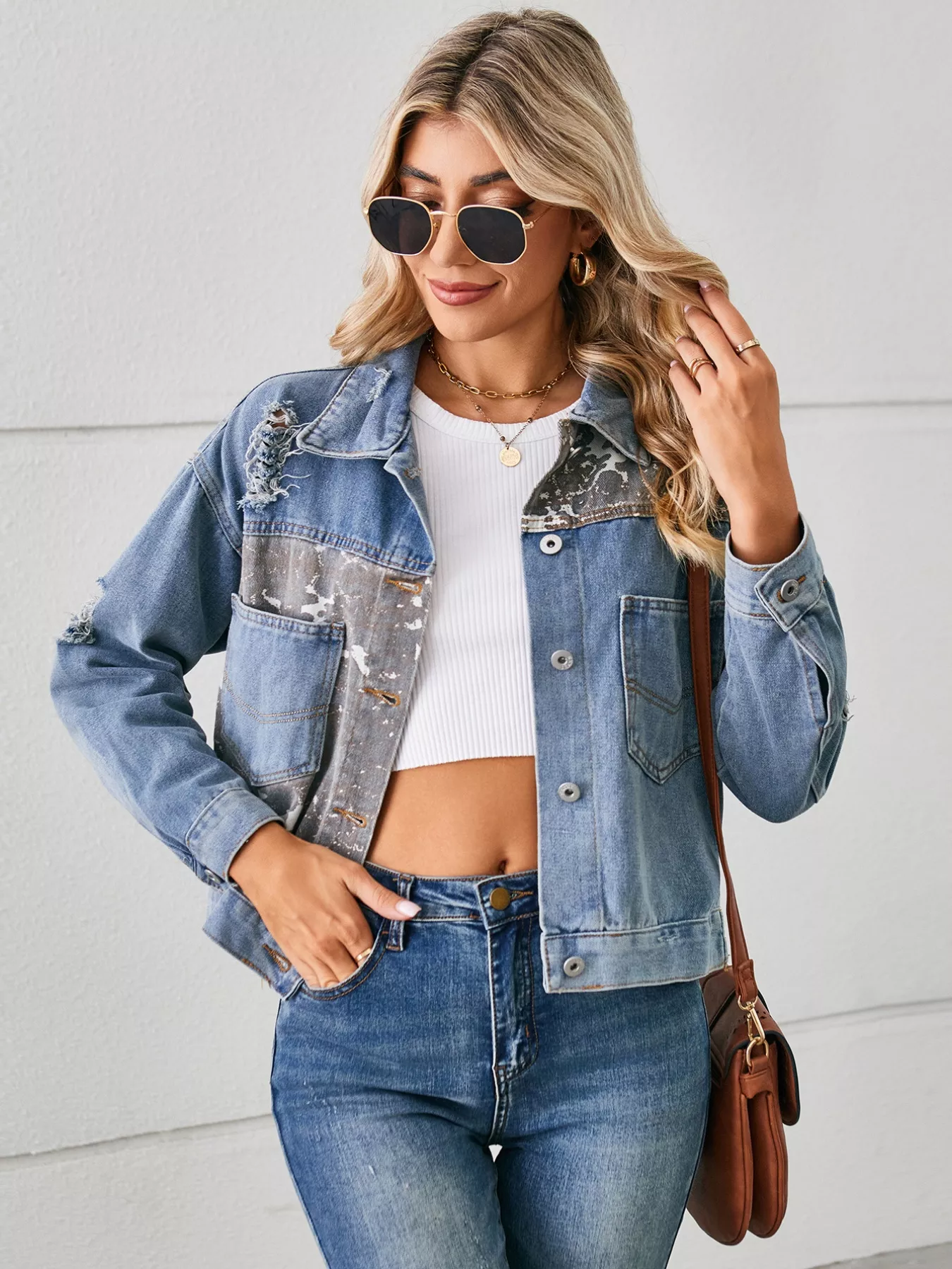 Snake Print Button Up Denim Jacket - Image 11
