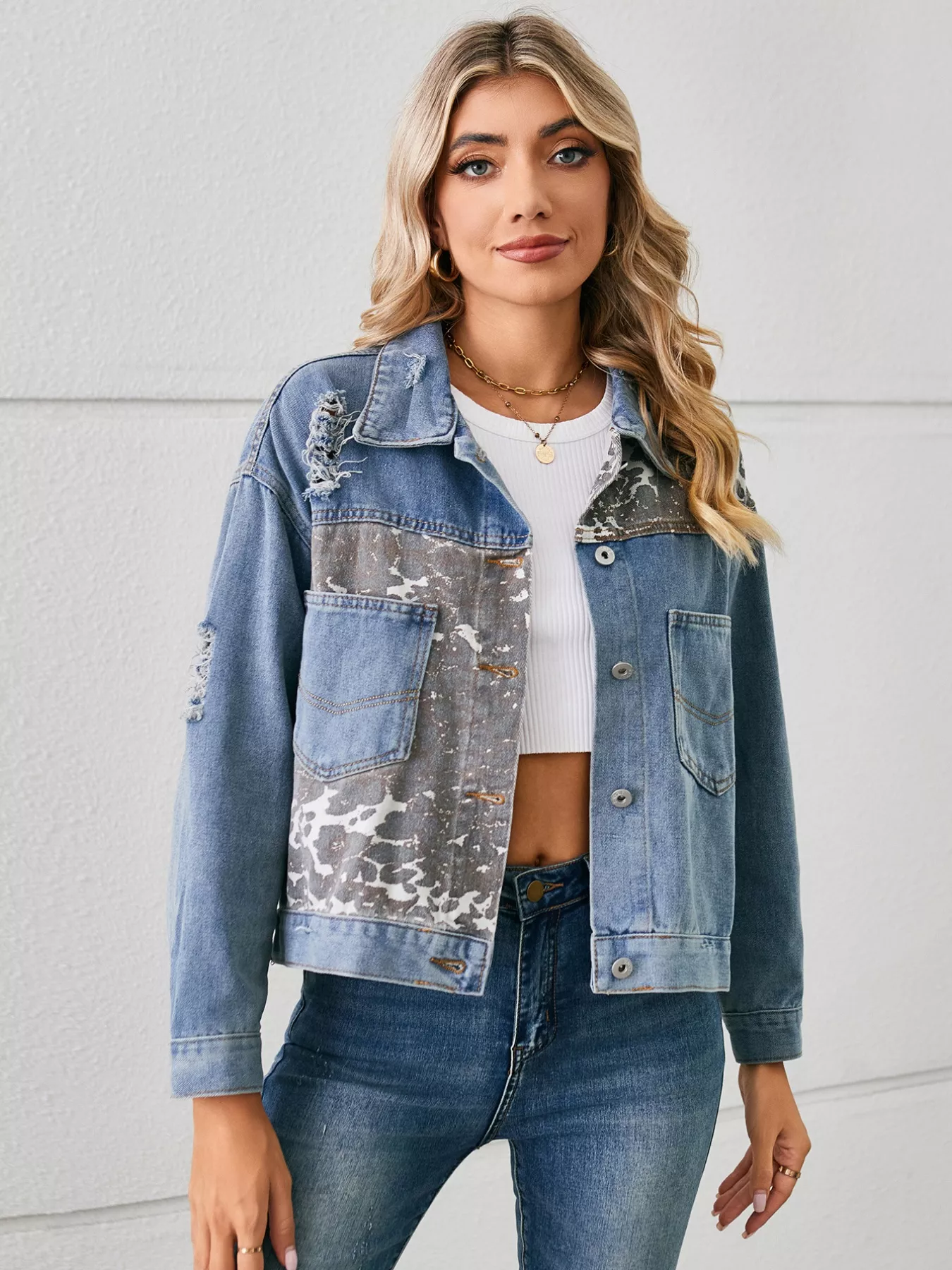 Snake Print Button Up Denim Jacket - Image 12