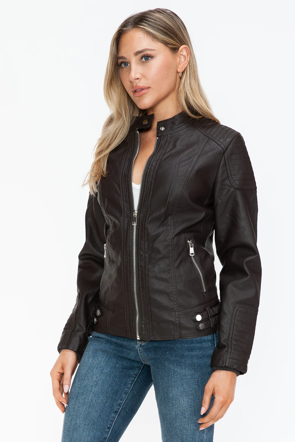 Snobbish Faux Leather Biker Jacket with Side Zip Pockets - Image 10