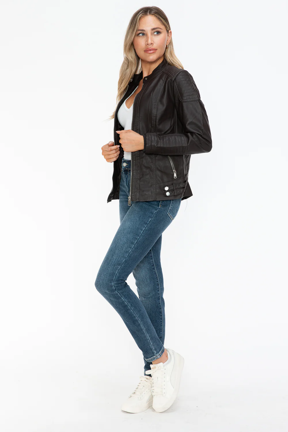 Snobbish Faux Leather Biker Jacket with Side Zip Pockets - Image 12