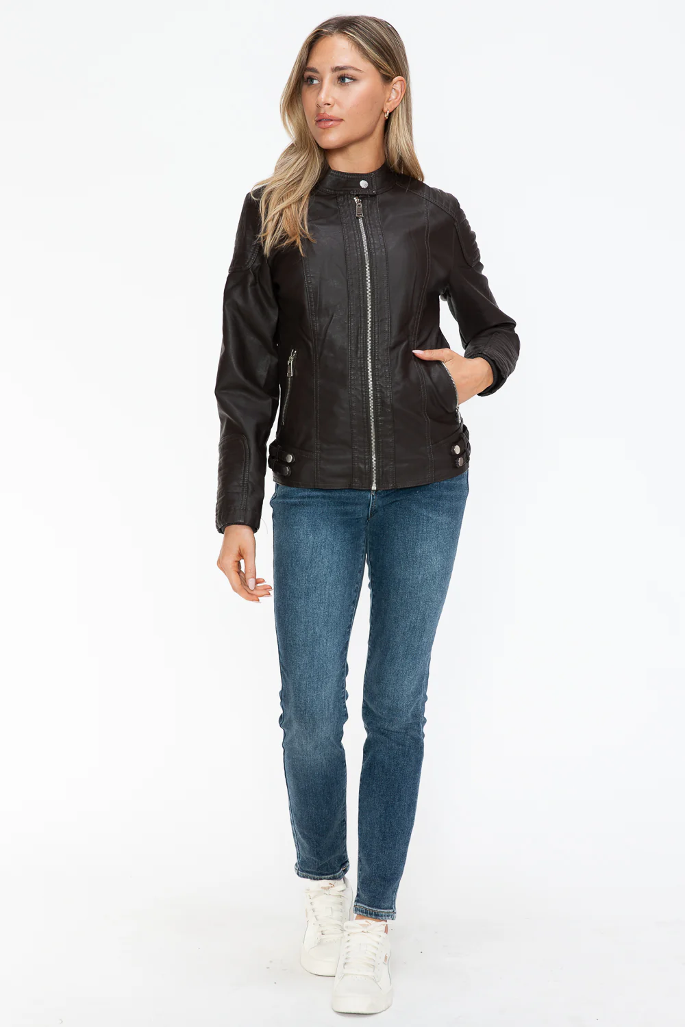 Snobbish Faux Leather Biker Jacket with Side Zip Pockets - Image 13