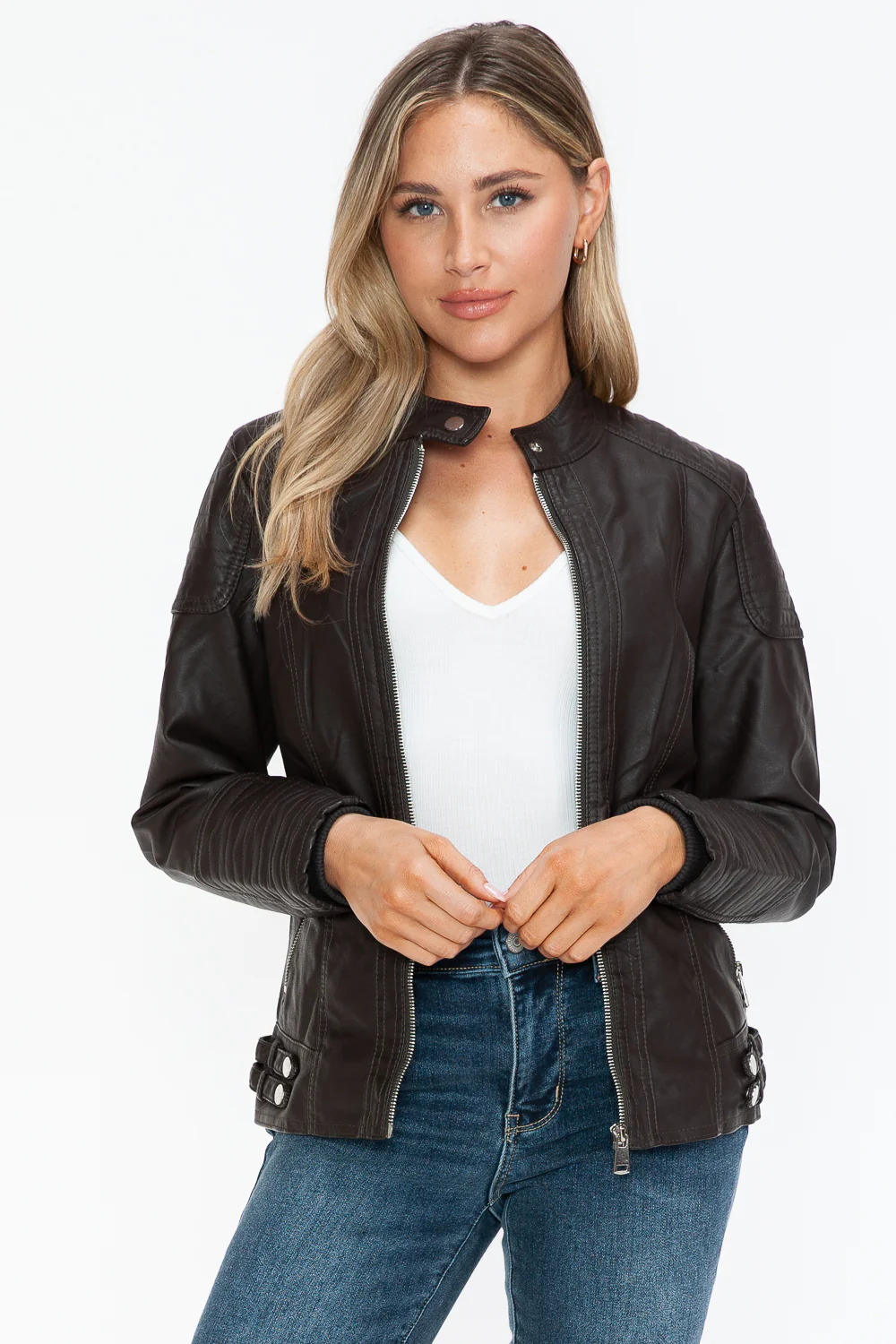 Snobbish Faux Leather Biker Jacket with Side Zip Pockets - Image 4