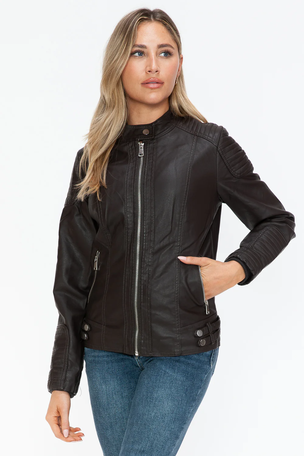 Snobbish Faux Leather Biker Jacket with Side Zip Pockets - Image 5