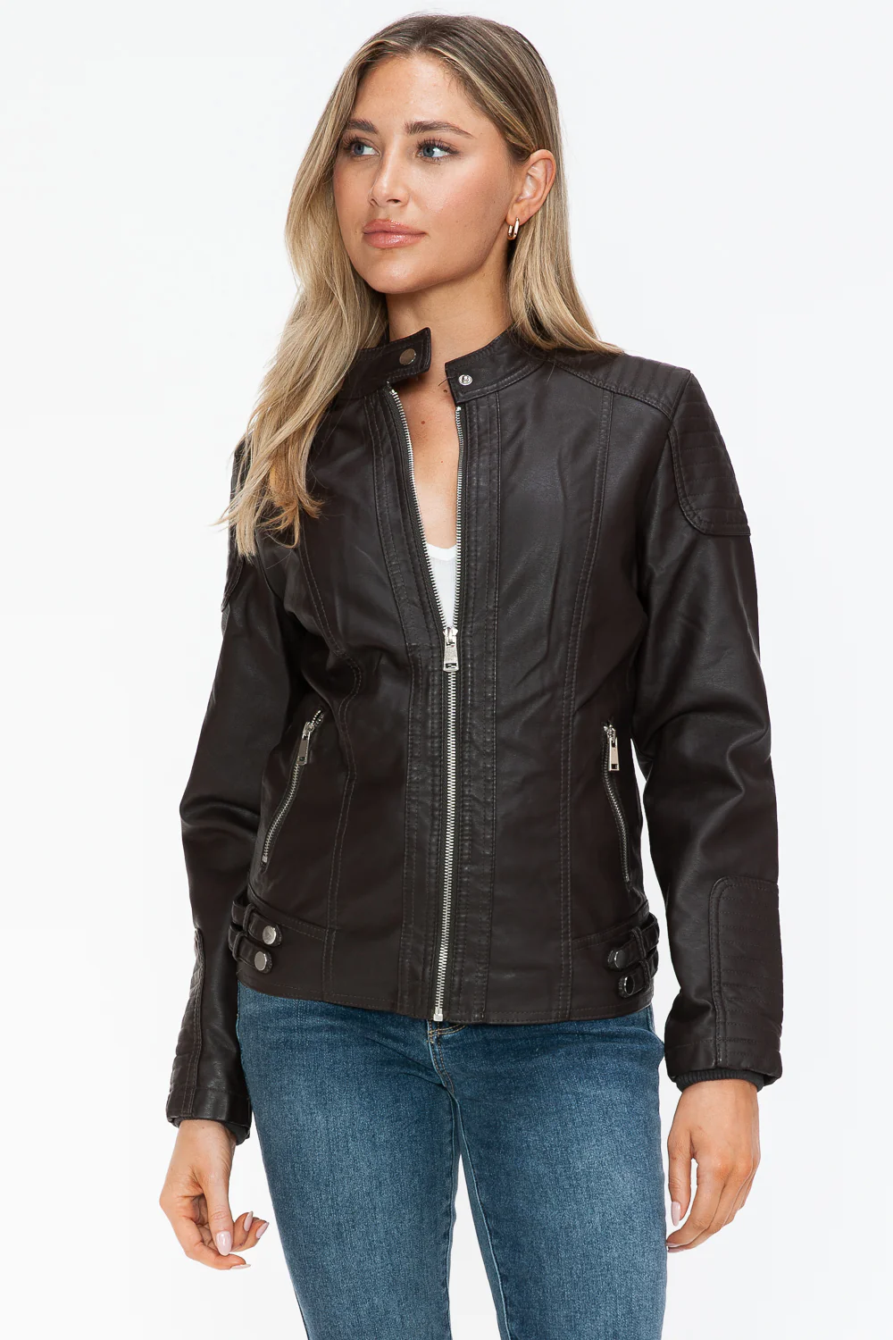 Snobbish Faux Leather Biker Jacket with Side Zip Pockets - Image 9
