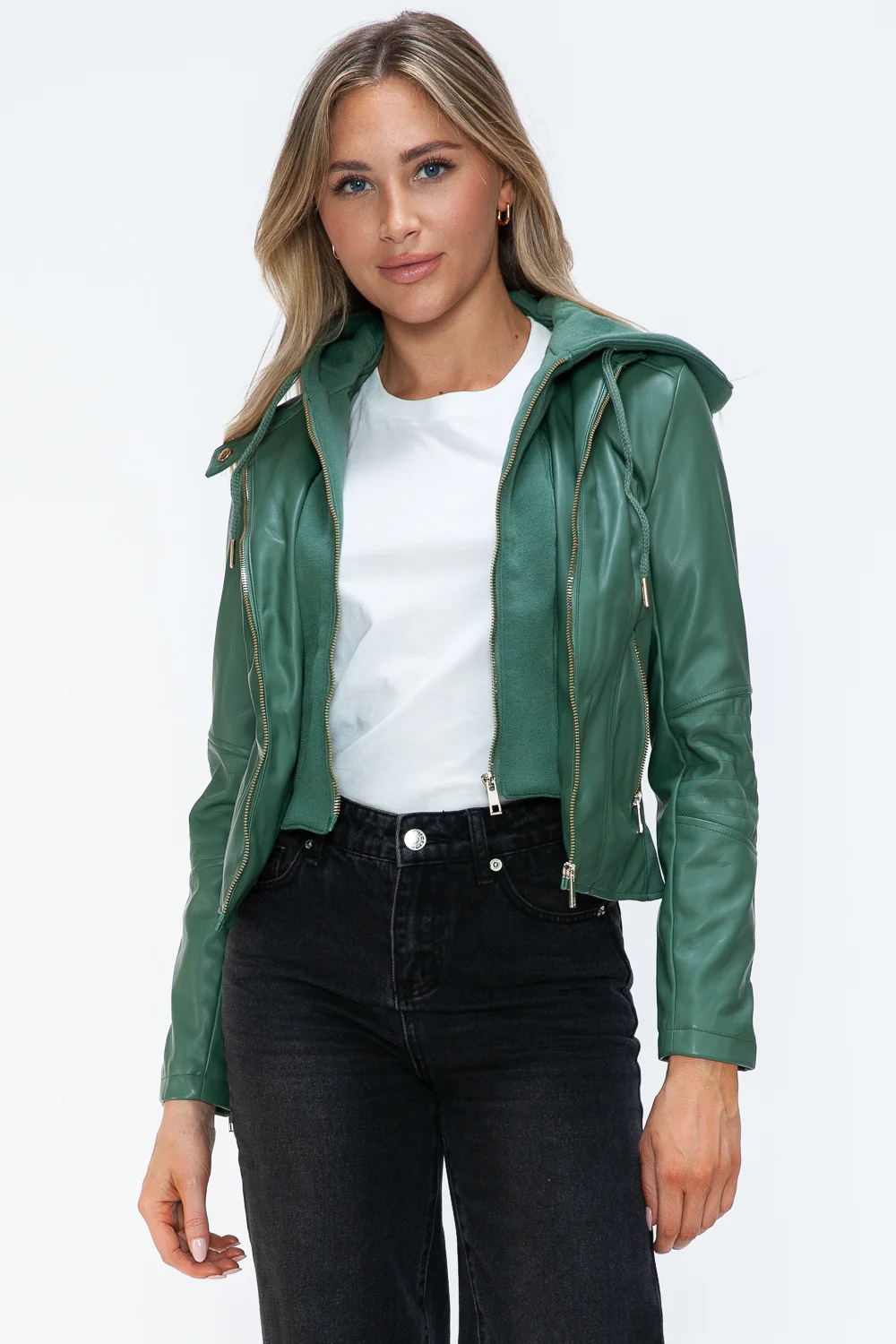 Snobbish Faux Leather Zip Up Drawstring Hooded Jacket - Image 14