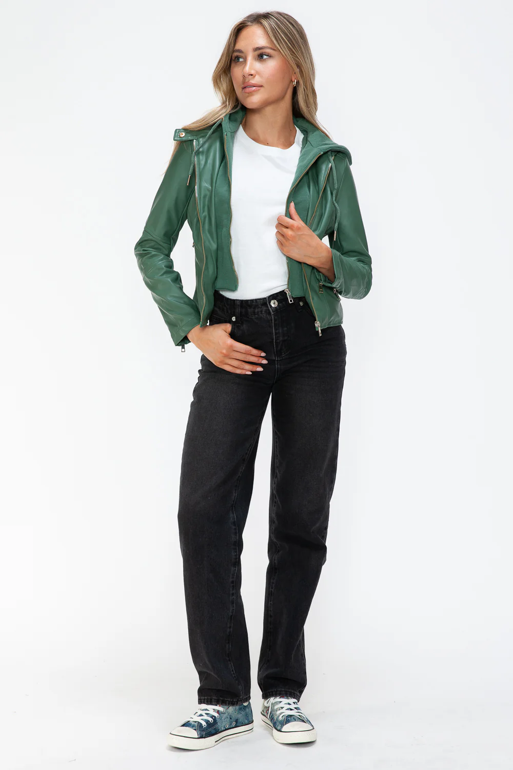 Snobbish Faux Leather Zip Up Drawstring Hooded Jacket - Image 16
