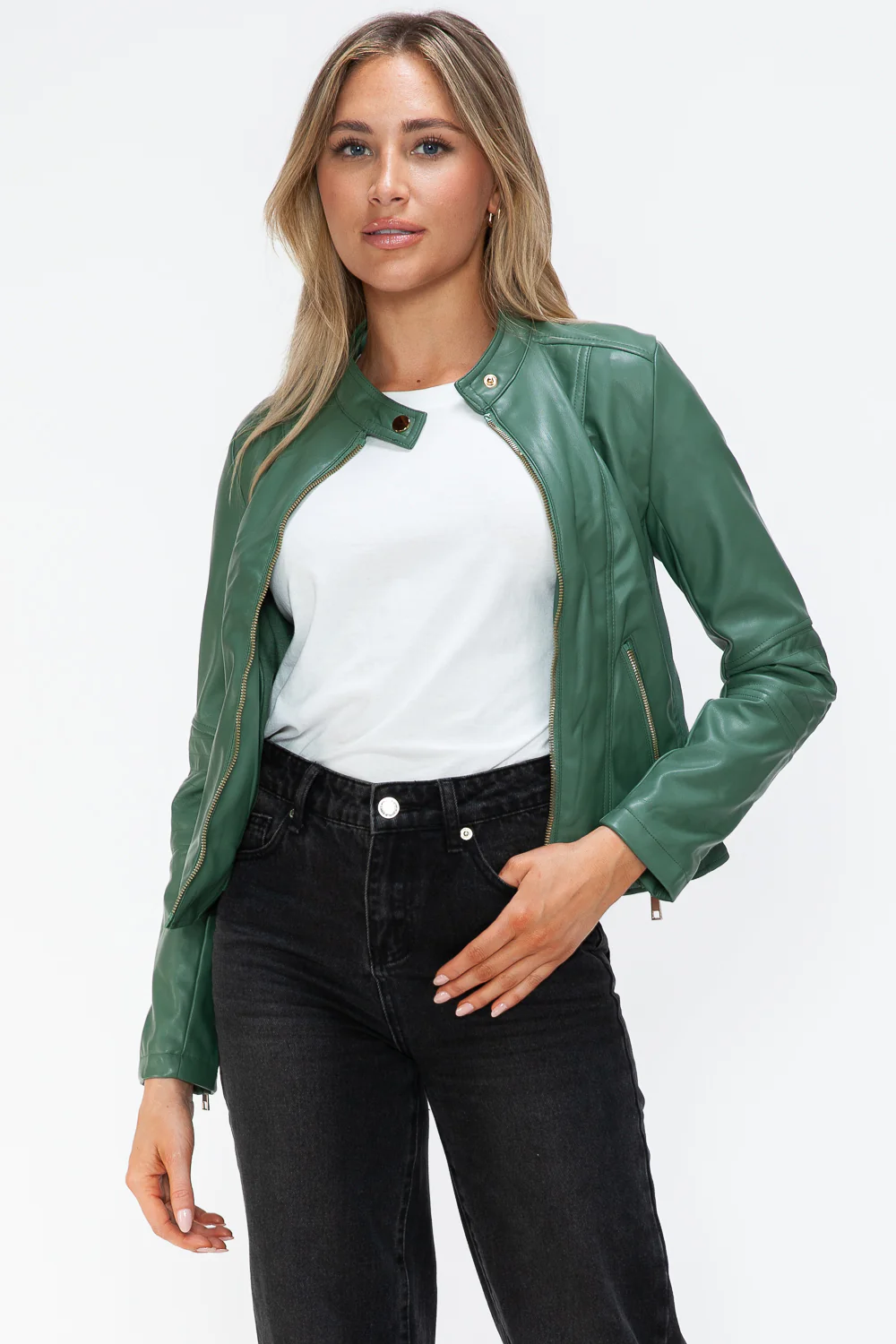 Snobbish Faux Leather Zip Up Drawstring Hooded Jacket - Image 18