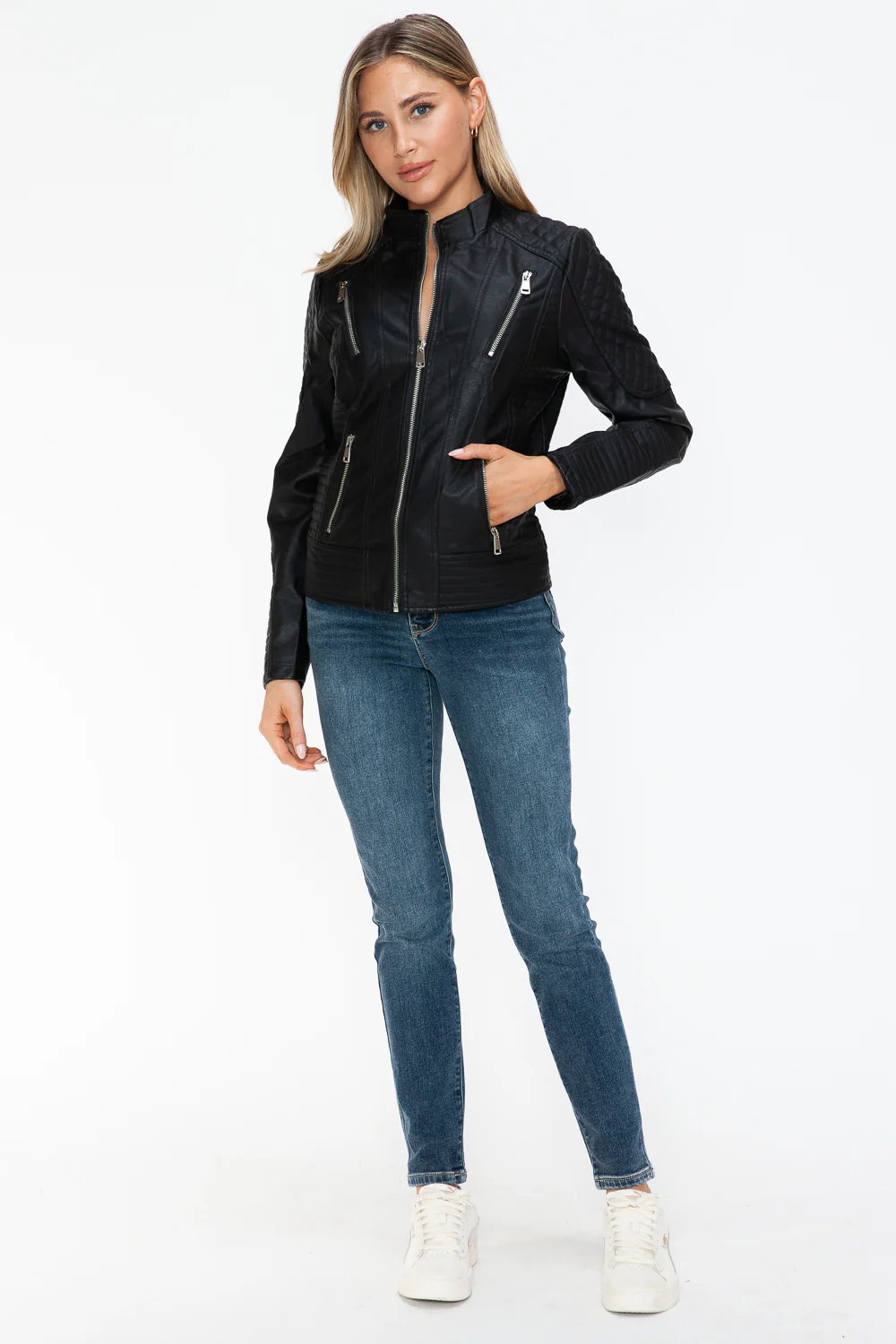 Snobbish Faux Leather Zip Up Mock Neck Jacket - Image 14