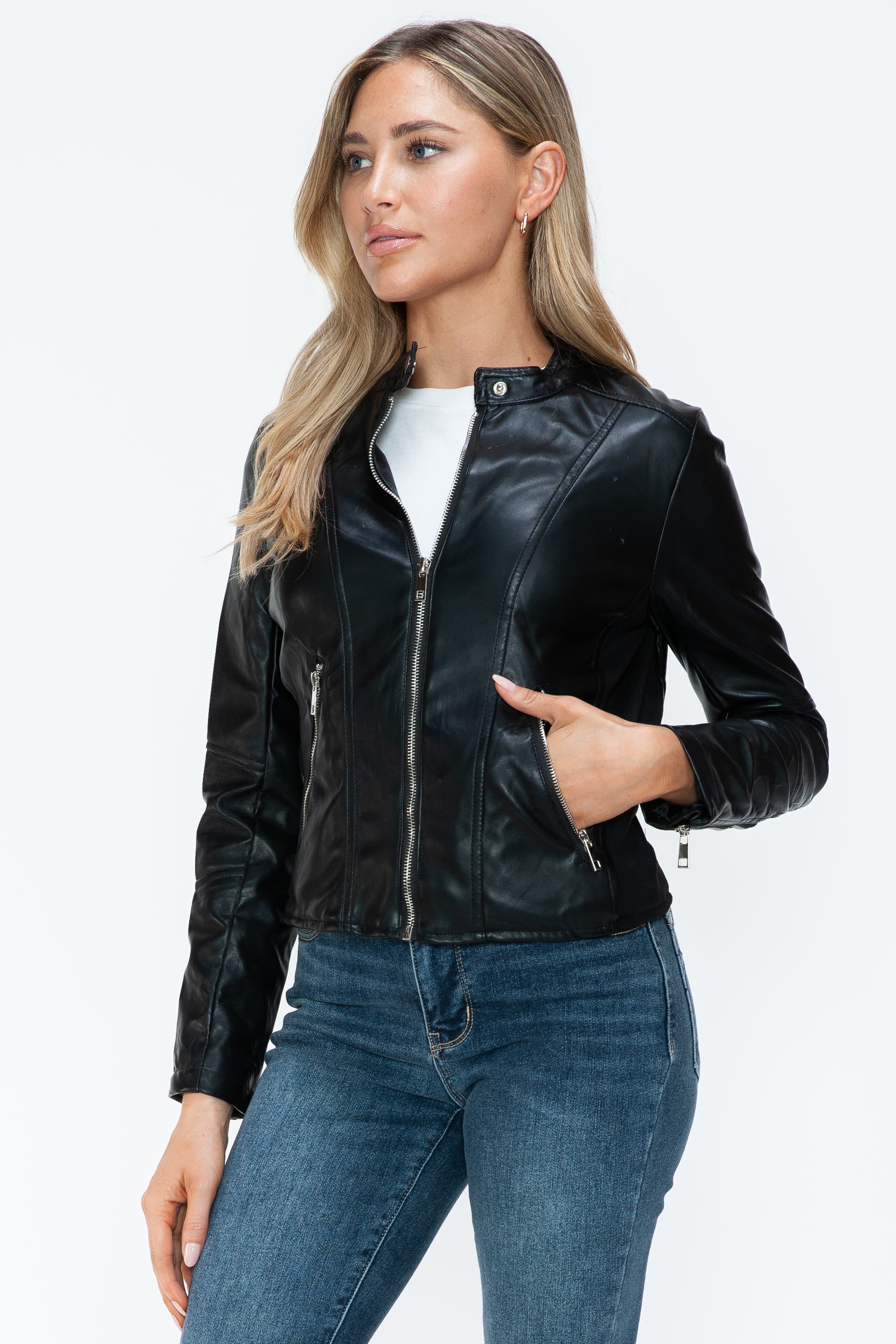 Snobbish PU Leather Zip Up Jacket with Pockets - Image 10