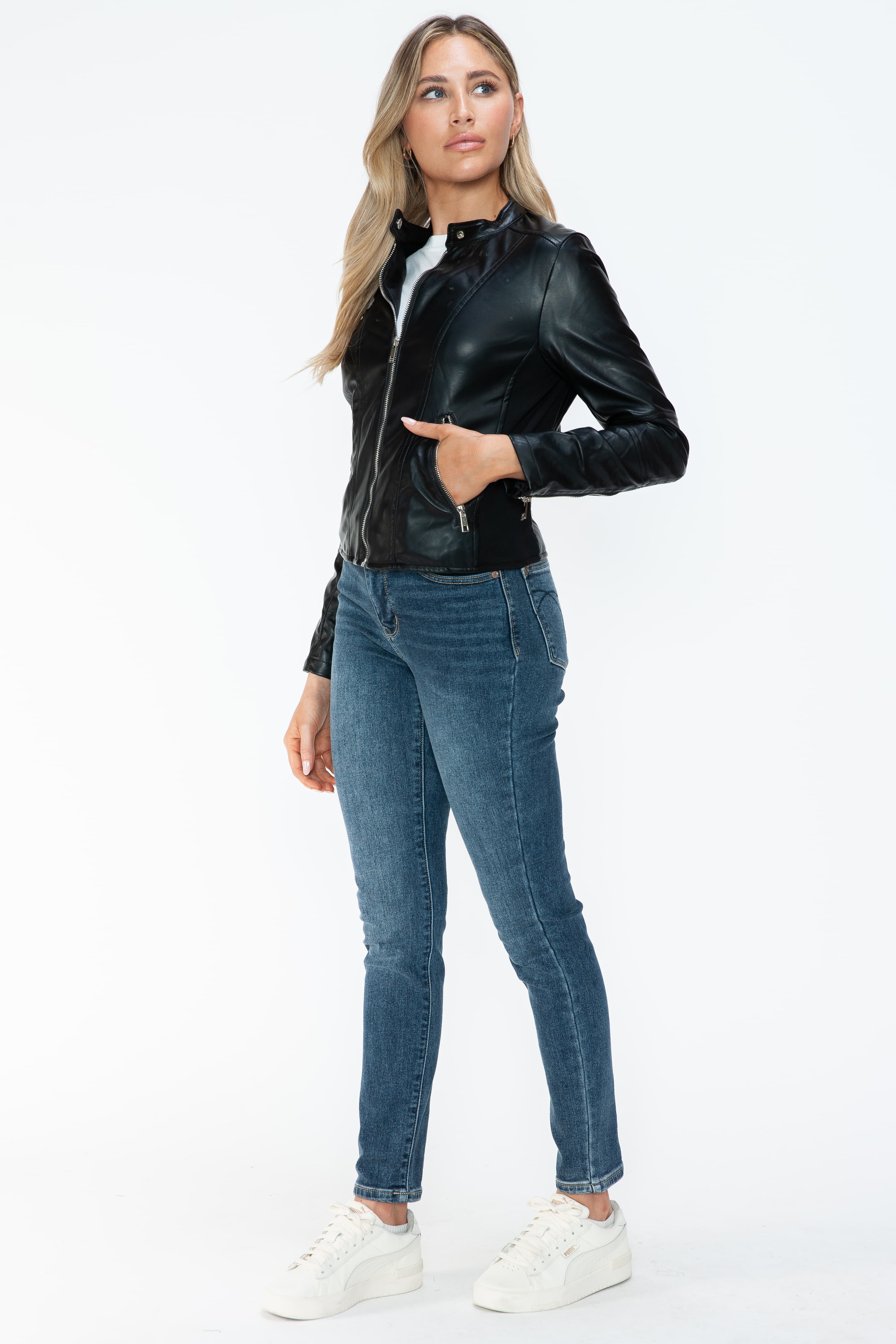 Snobbish PU Leather Zip Up Jacket with Pockets - Image 14