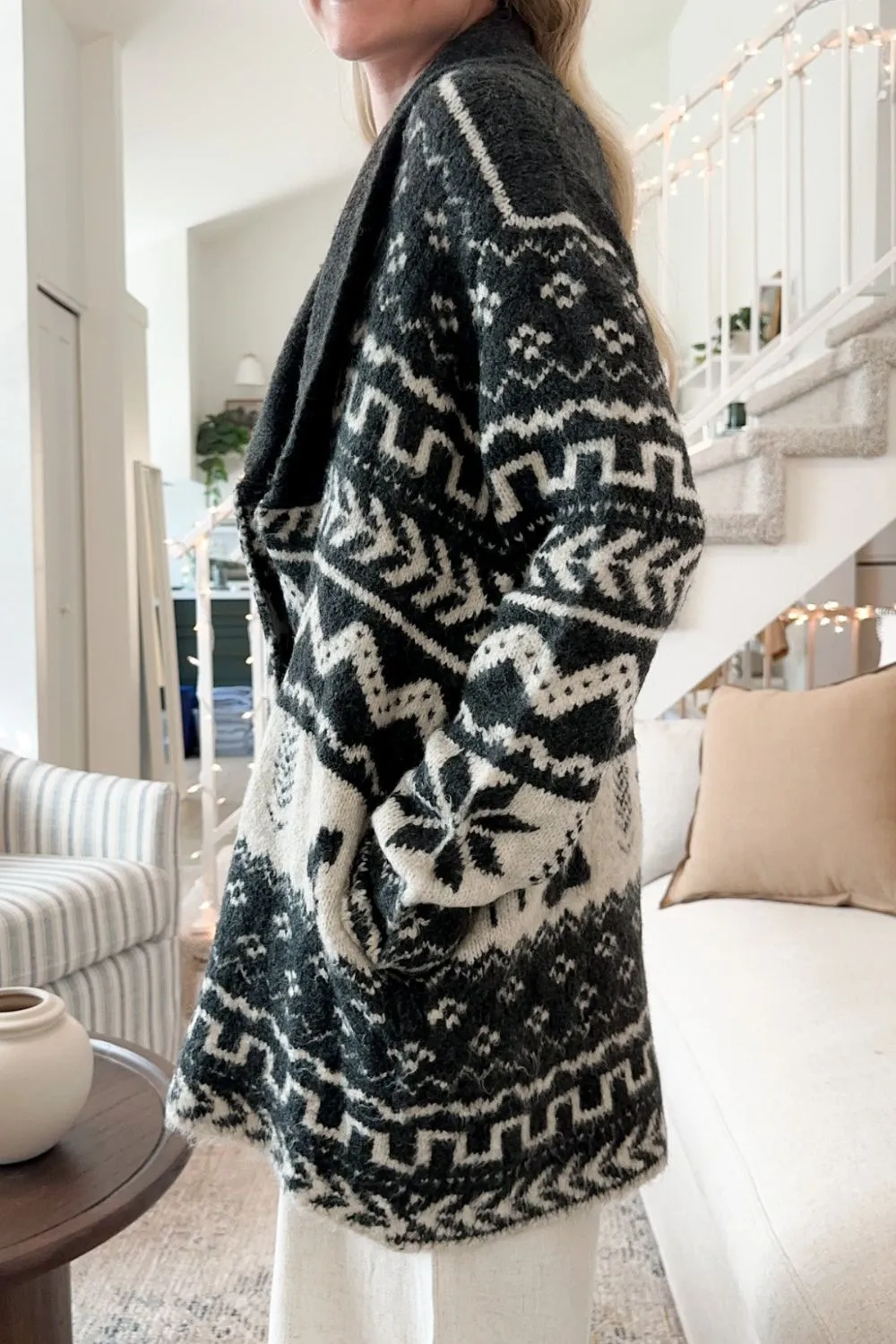 Snowflakes Collared Neck Long Sleeve Cardigan - Image 2