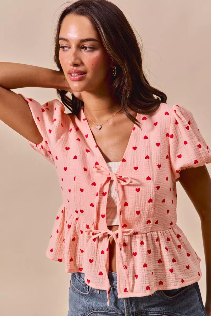 SO ME All Over Heart Ribbon Tie Baby Doll Valentine Blouse - Image 5